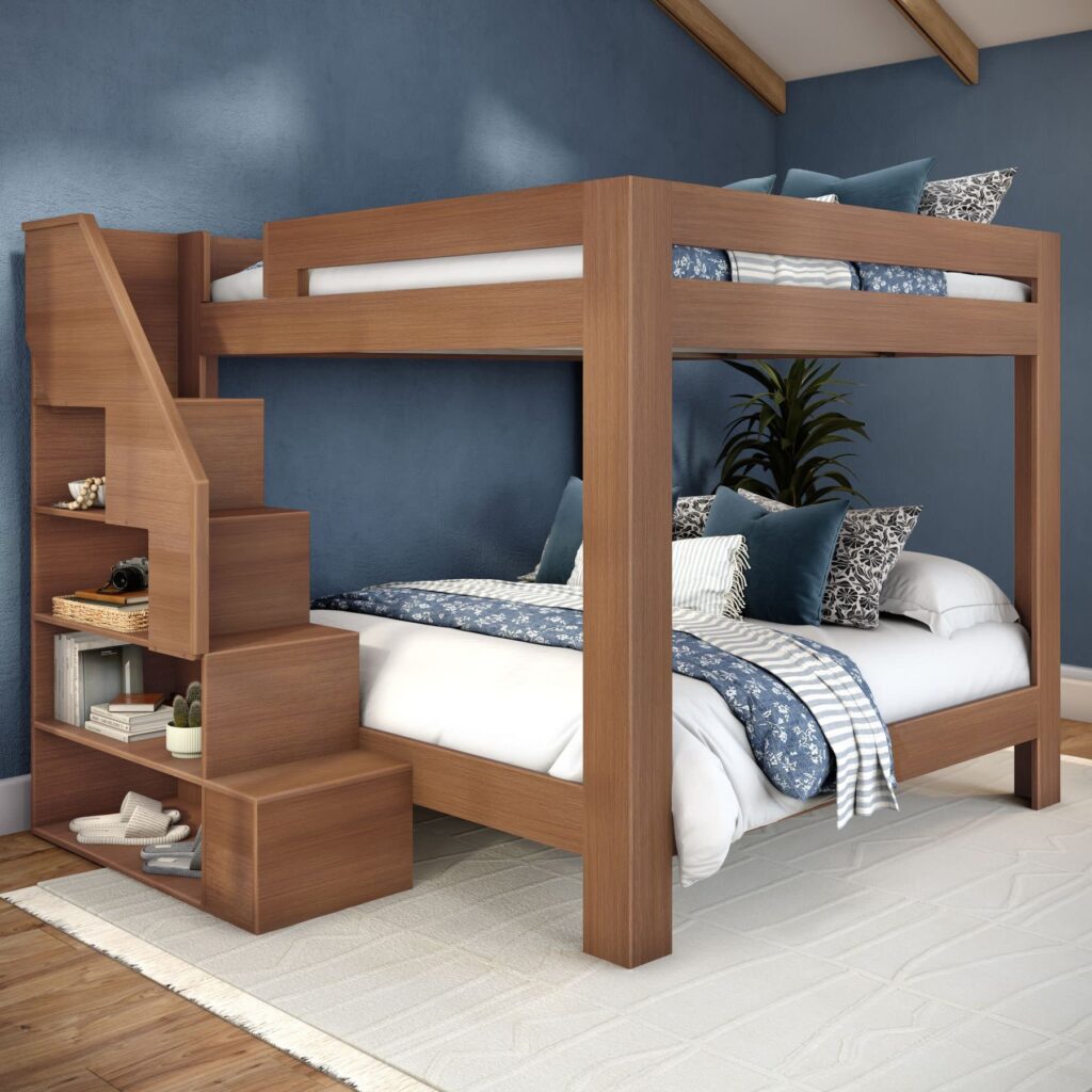 Olympic King Over King Bunk Bed with Stairs in Embossed Pecan