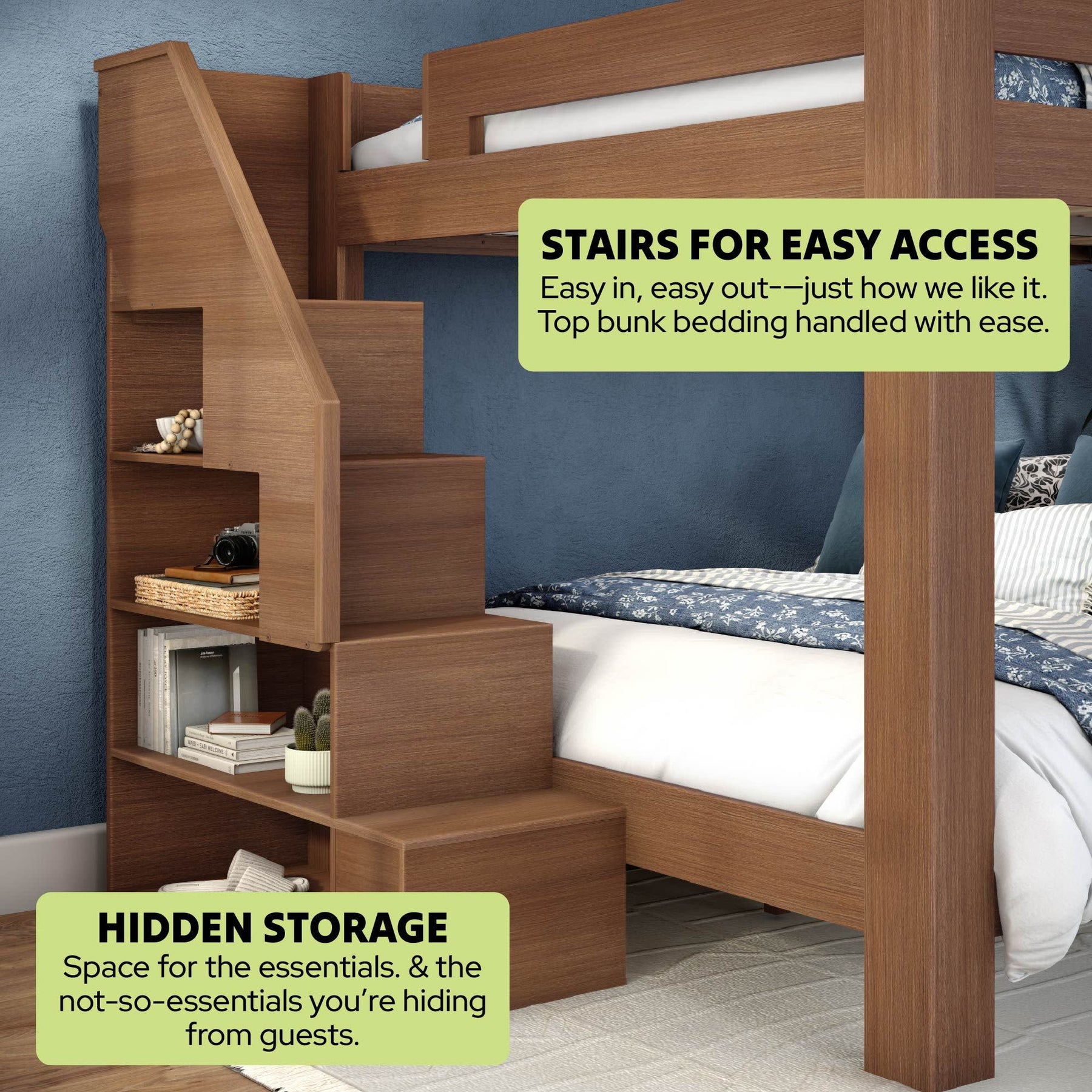 Olympic King Over King Bunk Bed with Stairs in Embossed Pecan