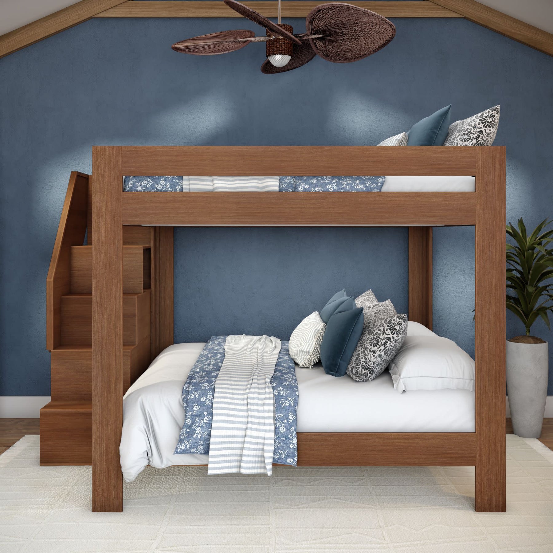 Olympic King Over King Bunk Bed with Stairs in Embossed Pecan
