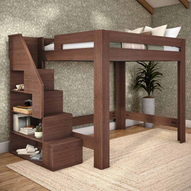 Olympic Queen Loft Bed with Stairs – Embossed Brown 9 Olympic Queen Loft Bed with Stairs in Embossed Brown