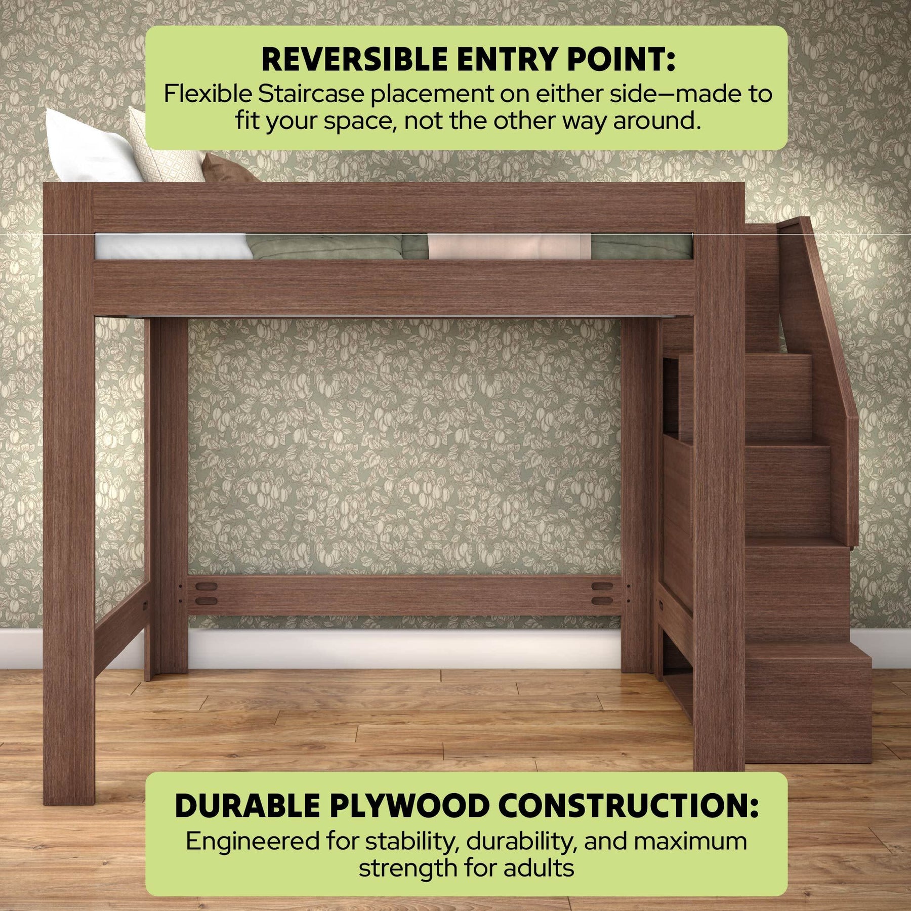 Olympic Queen Loft Bed with Stairs in Embossed Brown