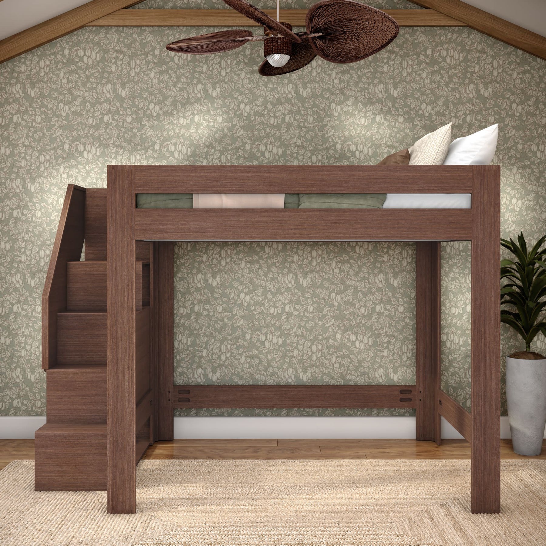 Olympic Queen Loft Bed with Stairs in Embossed Brown