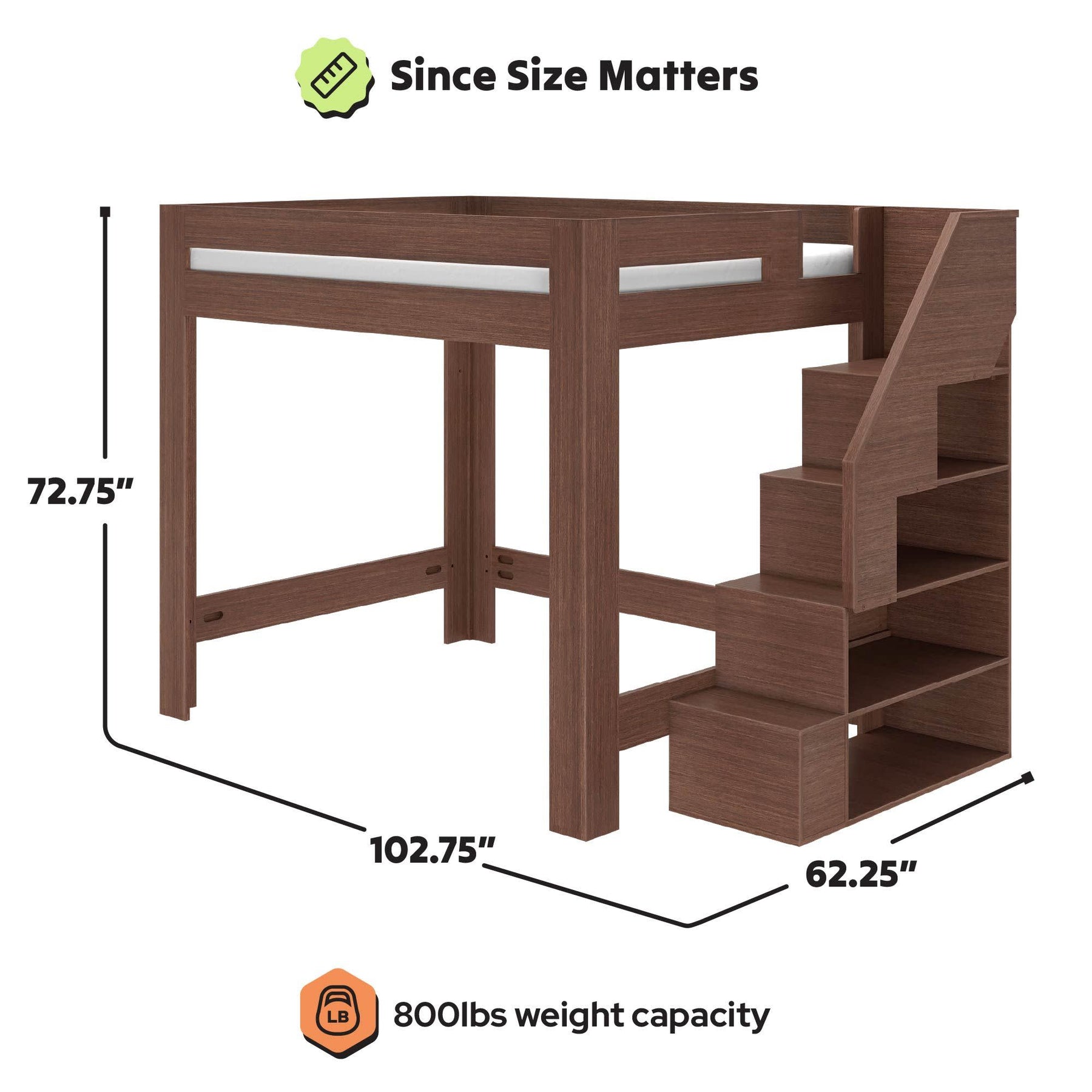Olympic Queen Loft Bed with Stairs in Embossed Brown