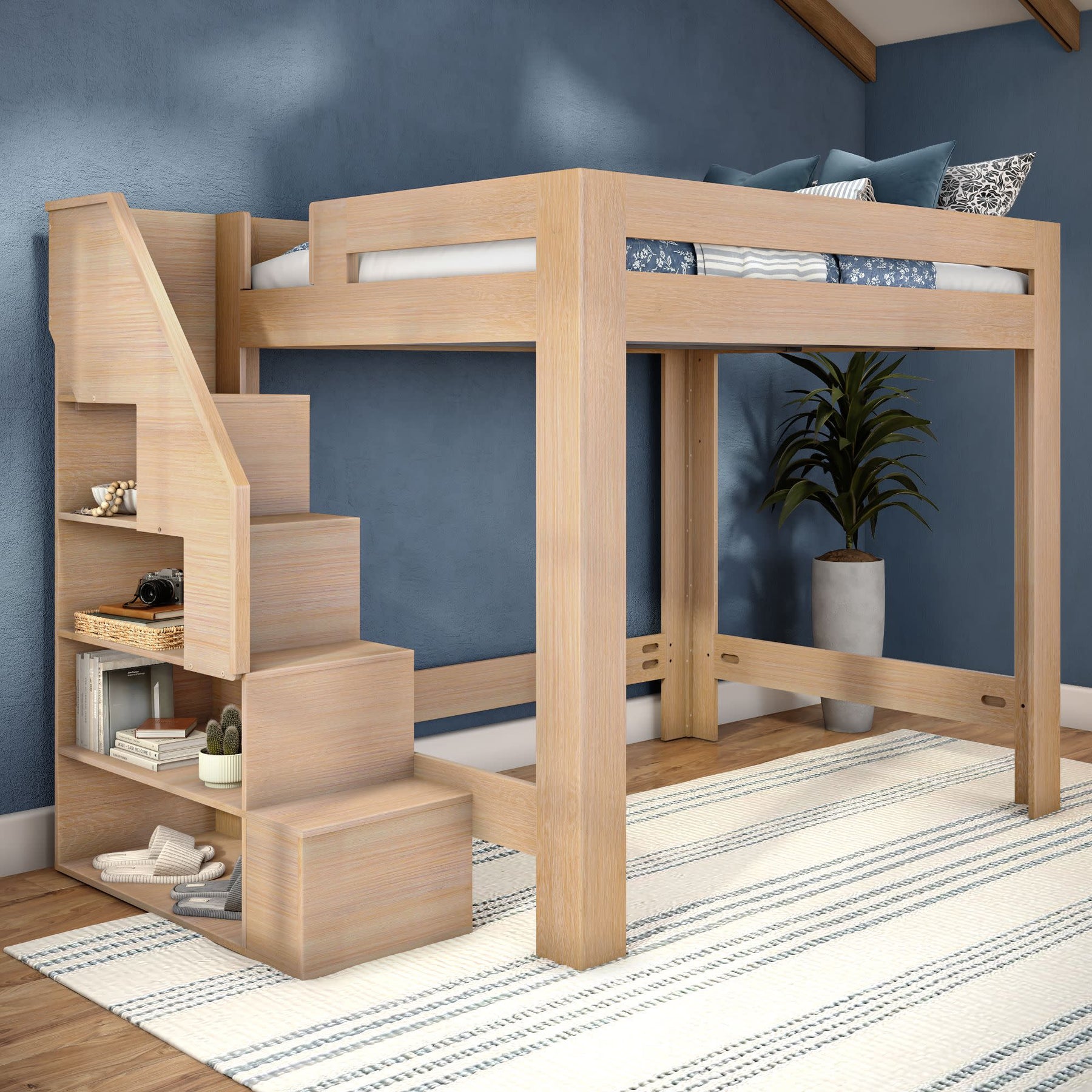 Olympic Queen Loft Bed with Stairs in Embossed Natural