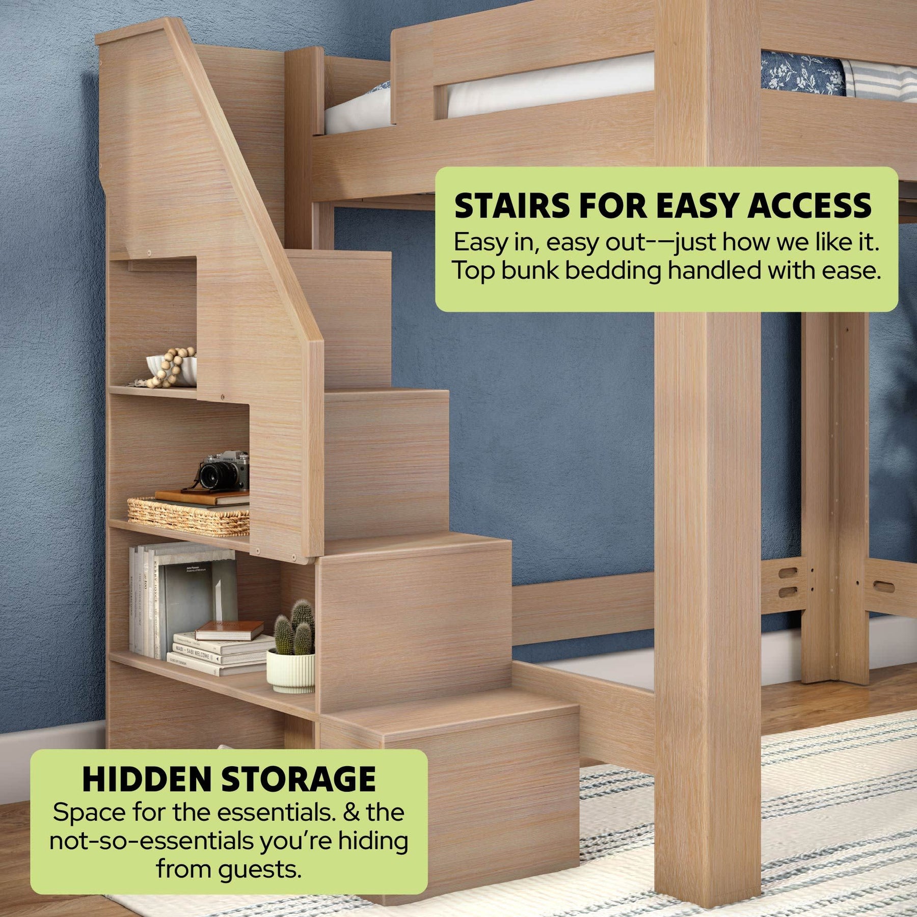 Olympic Queen Loft Bed with Stairs in Embossed Natural