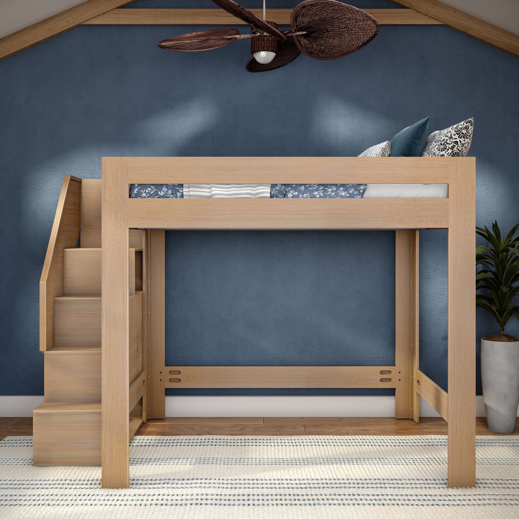 Olympic Queen Loft Bed with Stairs in Embossed Natural