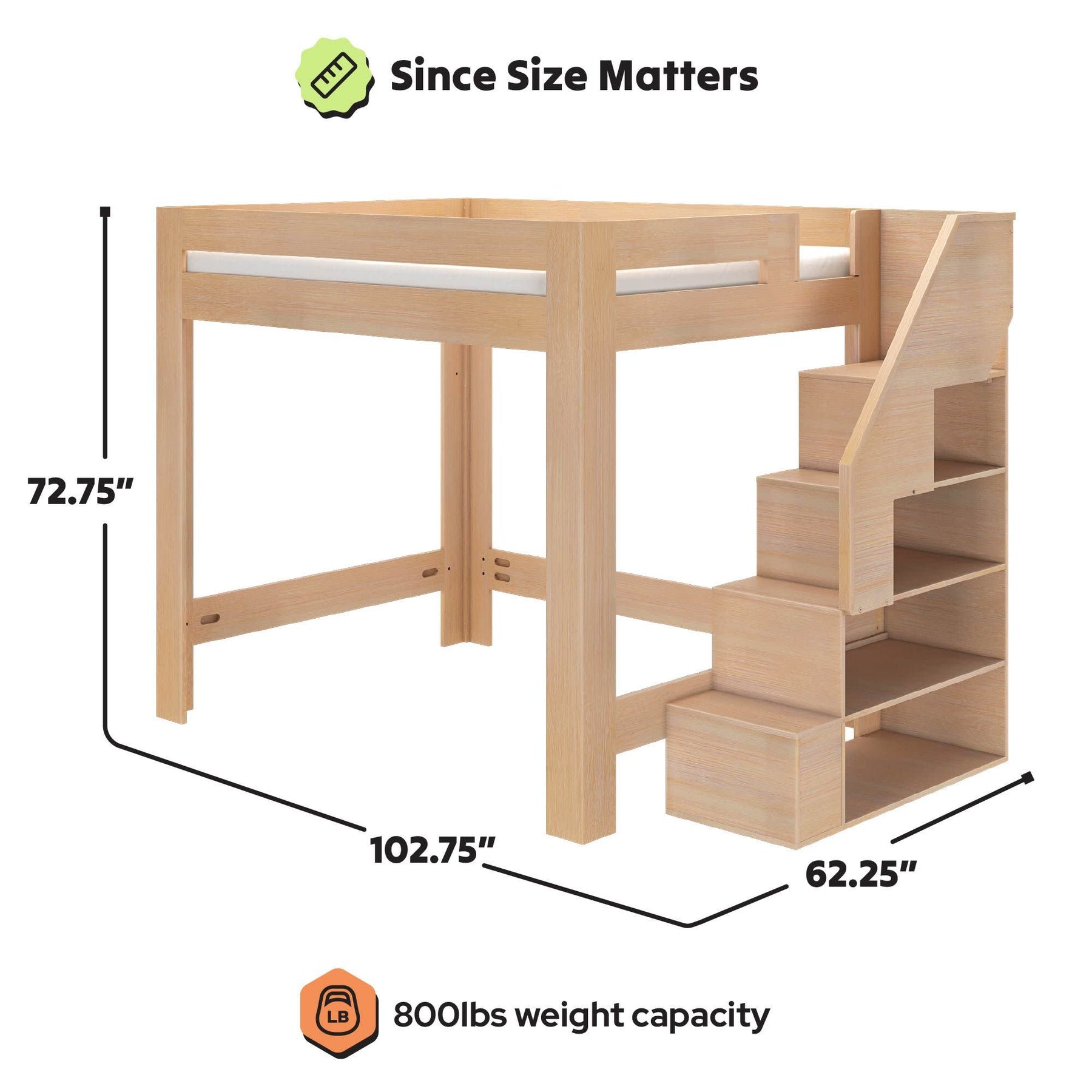 Olympic Queen Loft Bed with Stairs in Embossed Natural