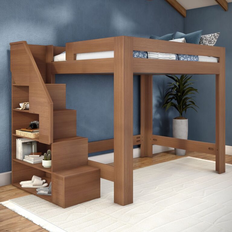 Olympic Queen Loft Bed with Stairs – Embossed Pecan 1 Olympic Queen Loft Bed with Stairs in Embossed Pecan