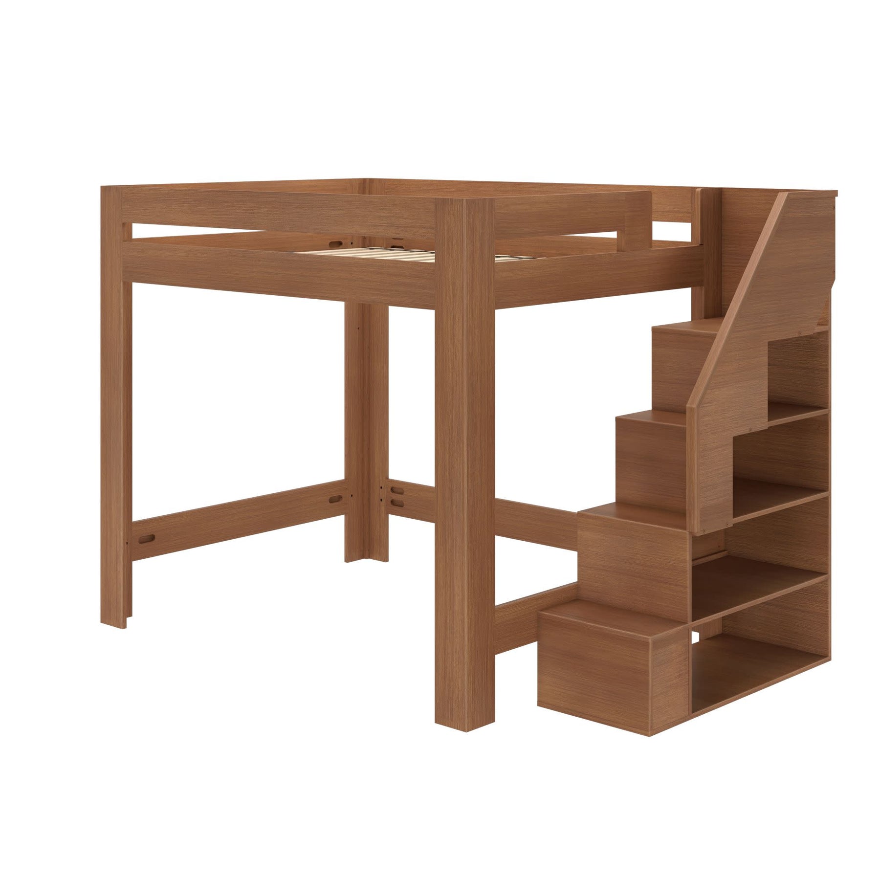 Olympic Queen Loft Bed with Stairs in Embossed Pecan