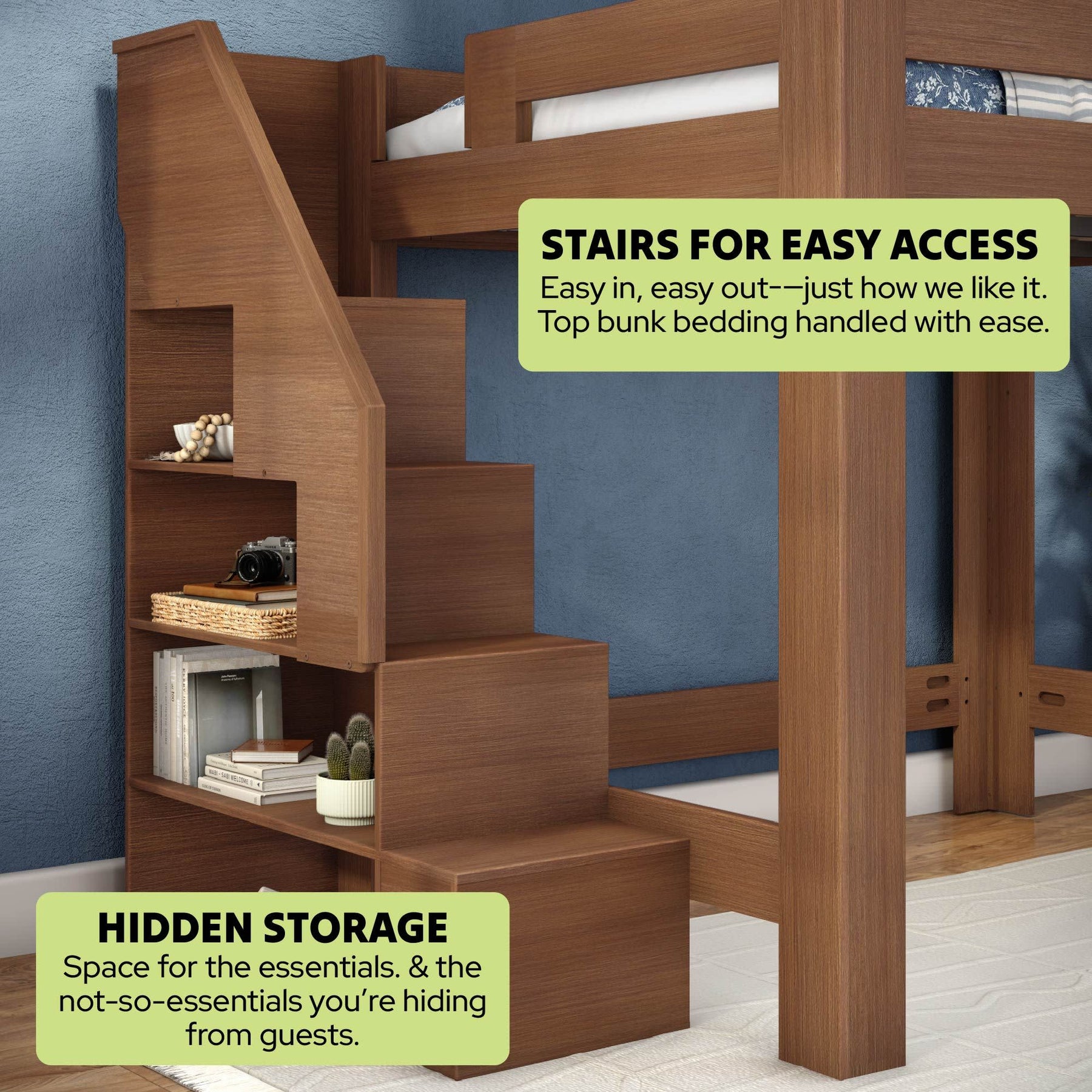 Olympic Queen Loft Bed with Stairs in Embossed Pecan