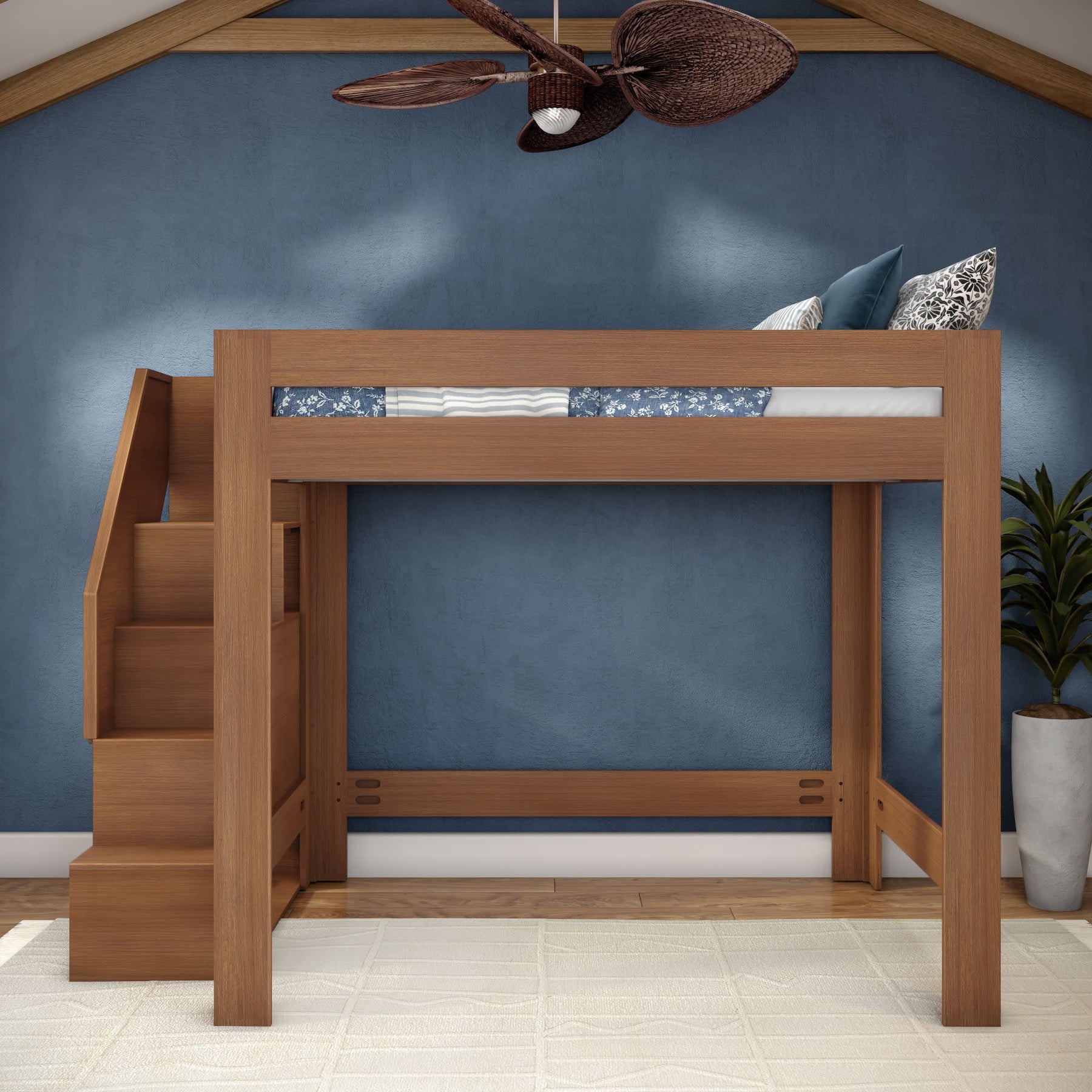 Olympic Queen Loft Bed with Stairs in Embossed Pecan