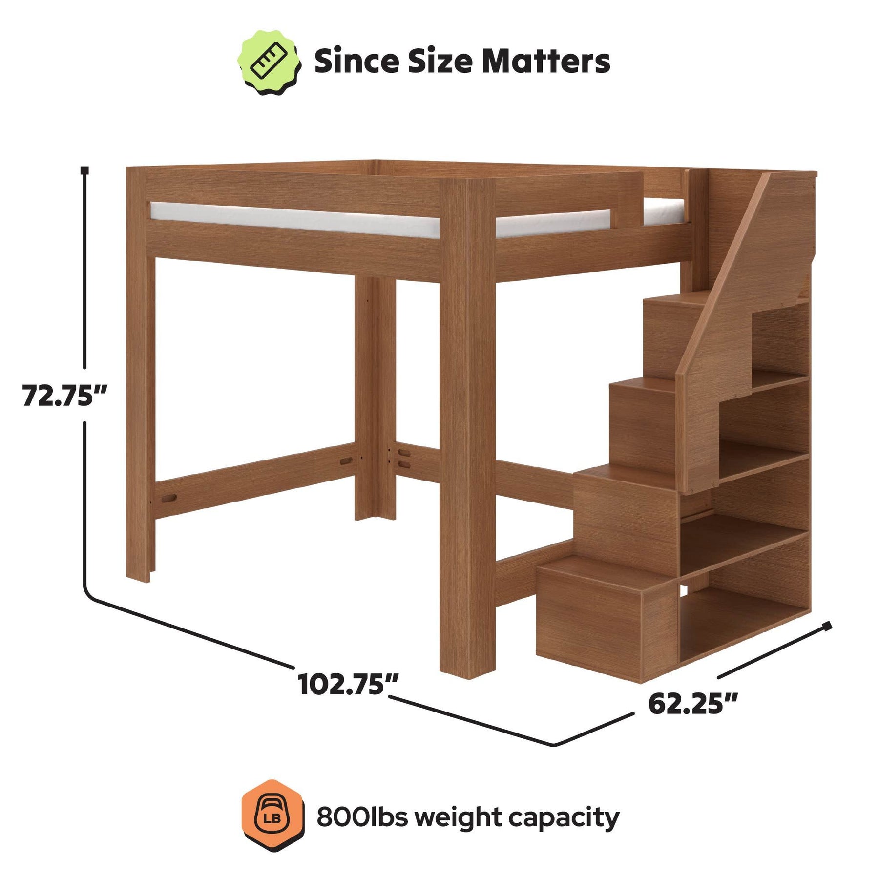 Olympic Queen Loft Bed with Stairs in Embossed Pecan