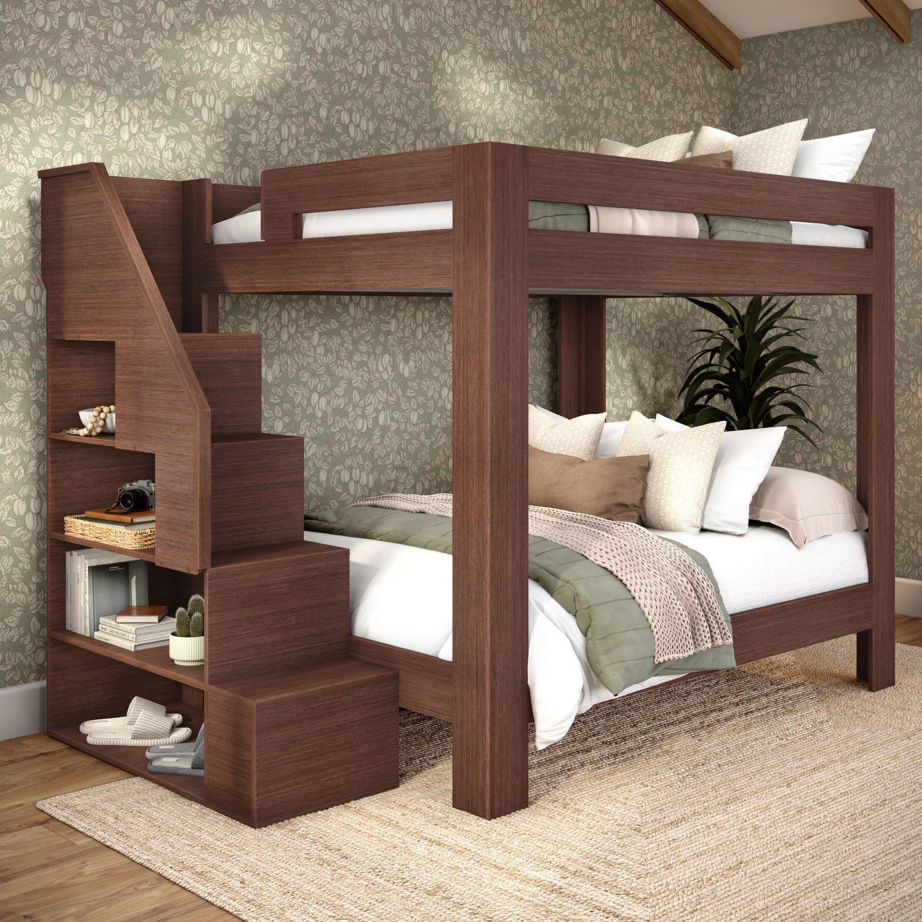 Olympic Queen Over Queen Bunk Bed with Stairs in Embossed Brown