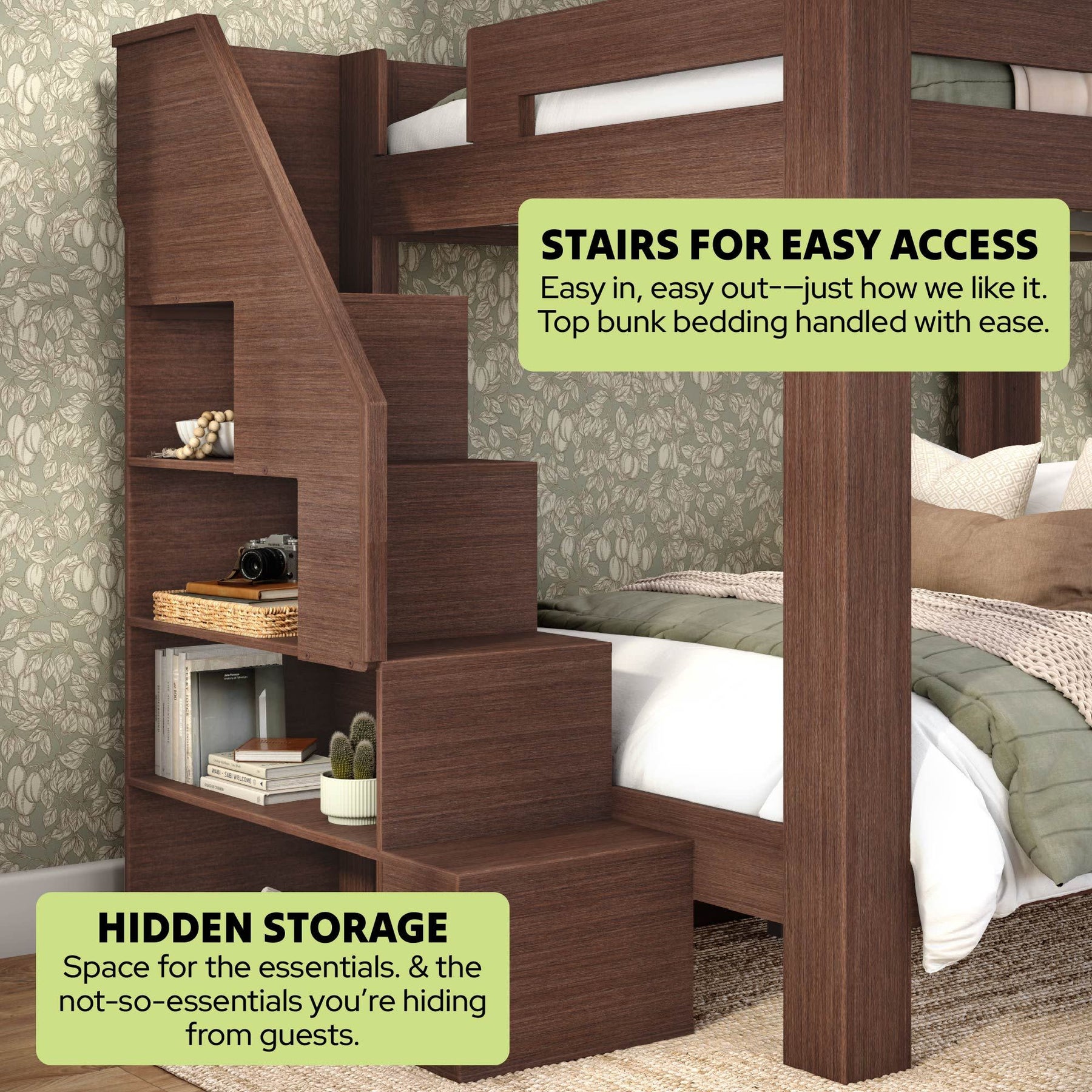 Olympic Queen Over Queen Bunk Bed with Stairs in Embossed Brown