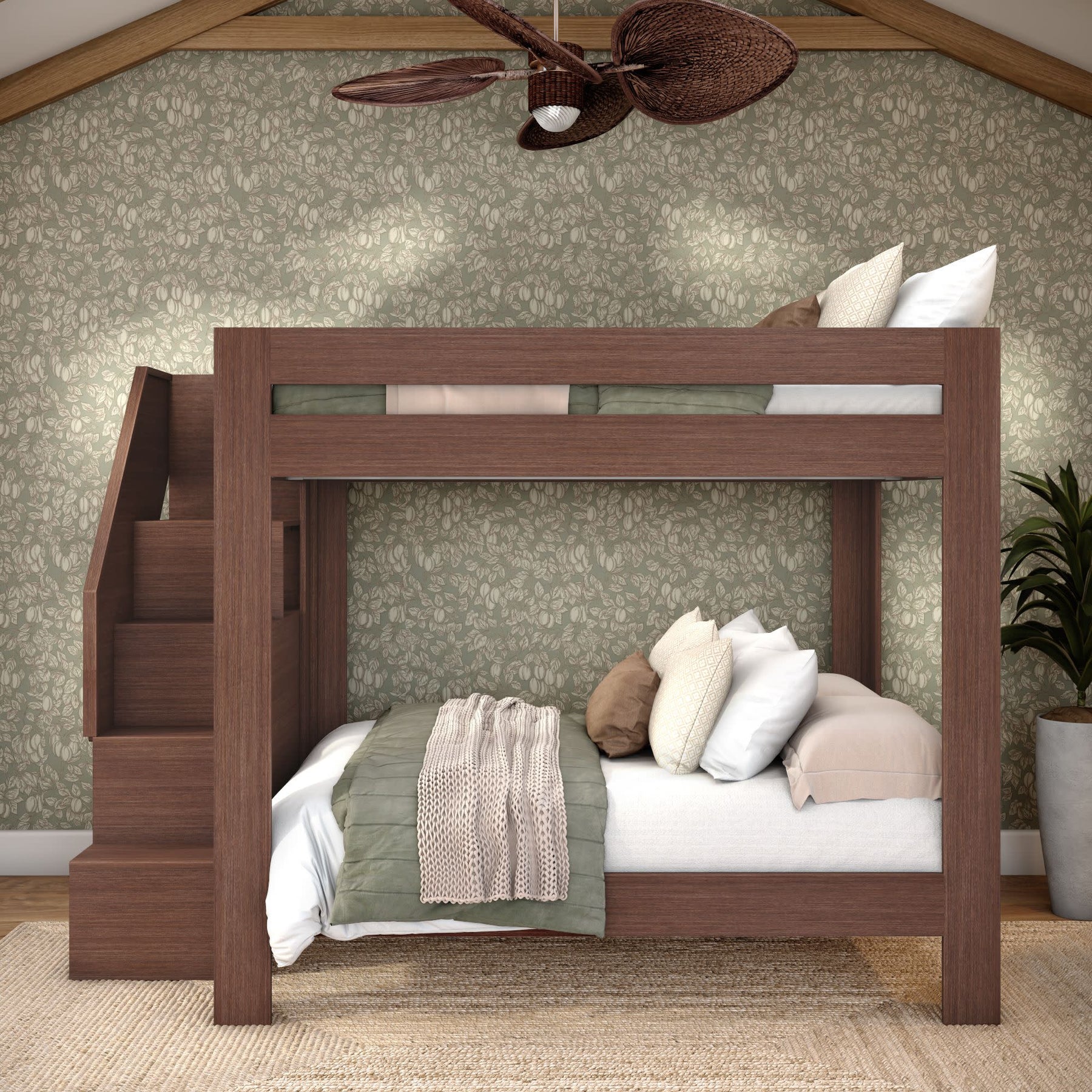 Olympic Queen Over Queen Bunk Bed with Stairs in Embossed Brown