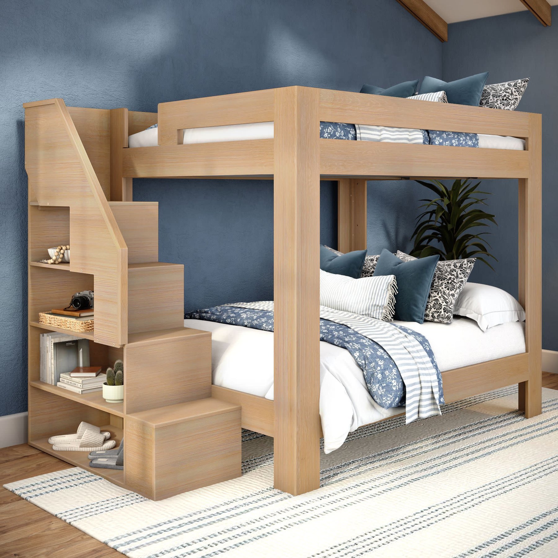 Olympic Queen Over Queen Bunk Bed with Stairs in Embossed Natural