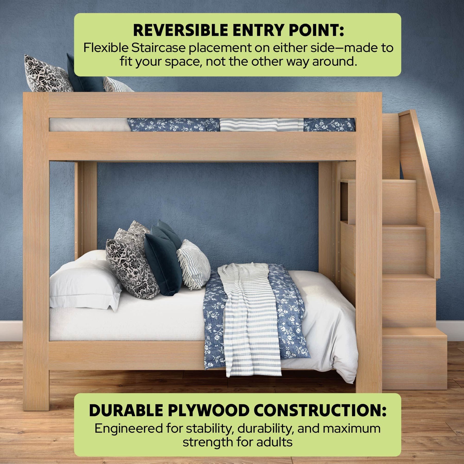 Olympic Queen Over Queen Bunk Bed with Stairs in Embossed Natural