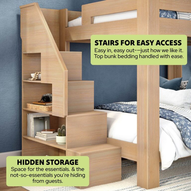 Olympic Queen Over Queen Bunk Bed with Stairs – Embossed Natural 23 Olympic Queen Over Queen Bunk Bed with Stairs in Embossed Natural