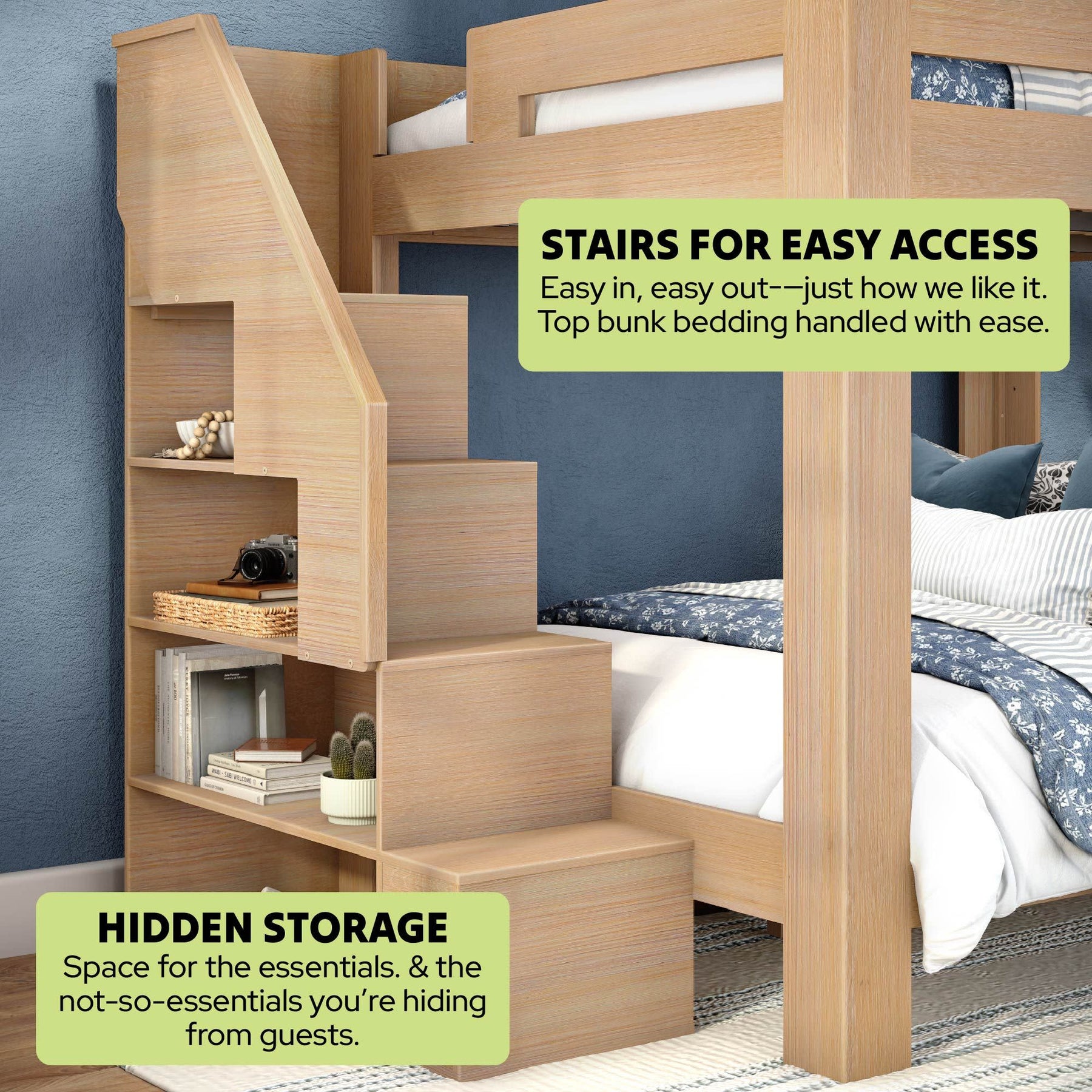 Olympic Queen Over Queen Bunk Bed with Stairs in Embossed Natural