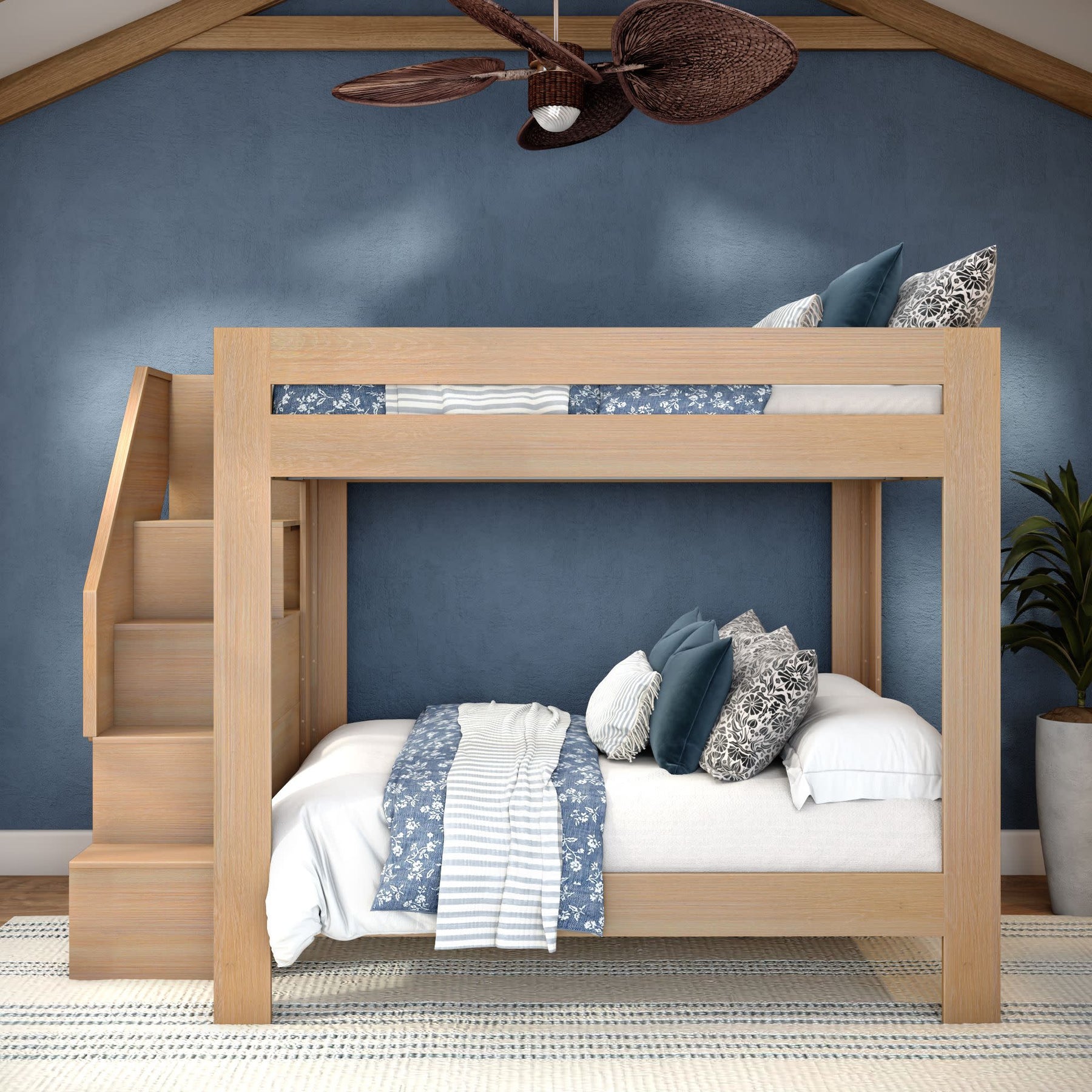 Olympic Queen Over Queen Bunk Bed with Stairs in Embossed Natural