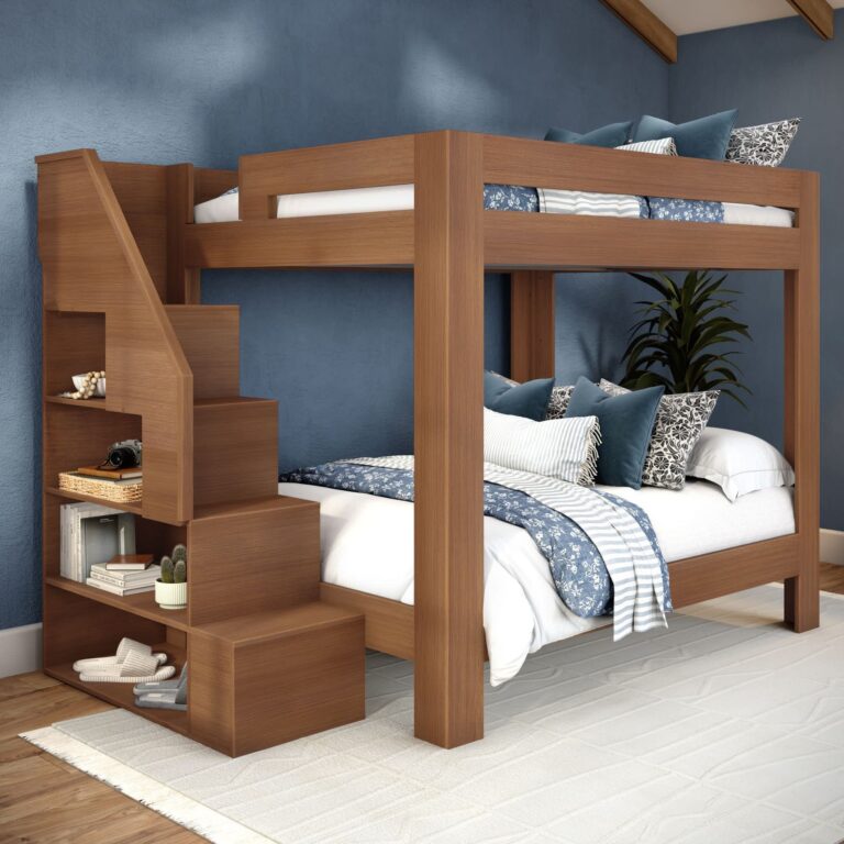 Olympic Queen Over Queen Bunk Bed with Stairs – Embossed Pecan 1 Olympic Queen Over Queen Bunk Bed with Stairs in Embossed Pecan