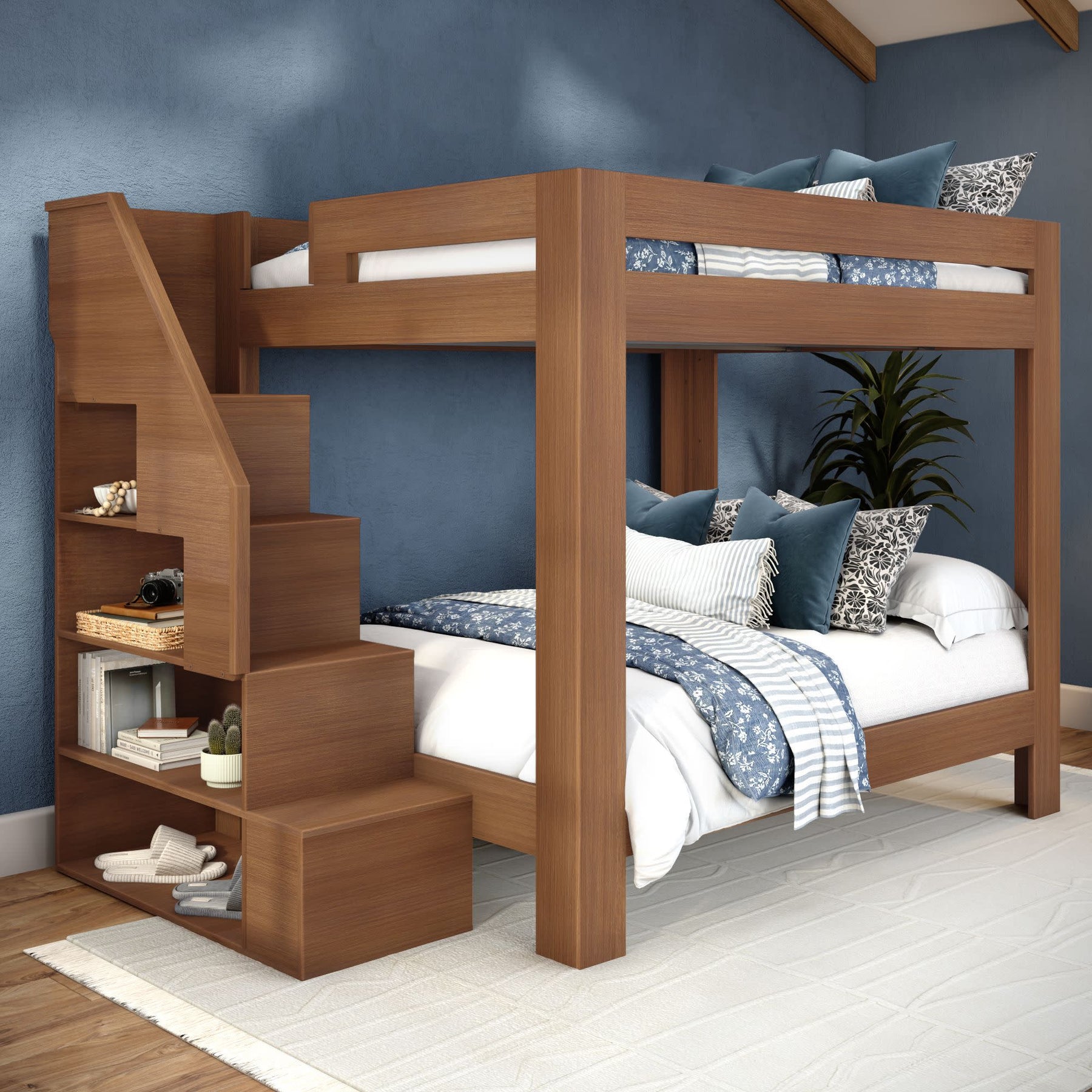 Olympic Queen Over Queen Bunk Bed with Stairs in Embossed Pecan