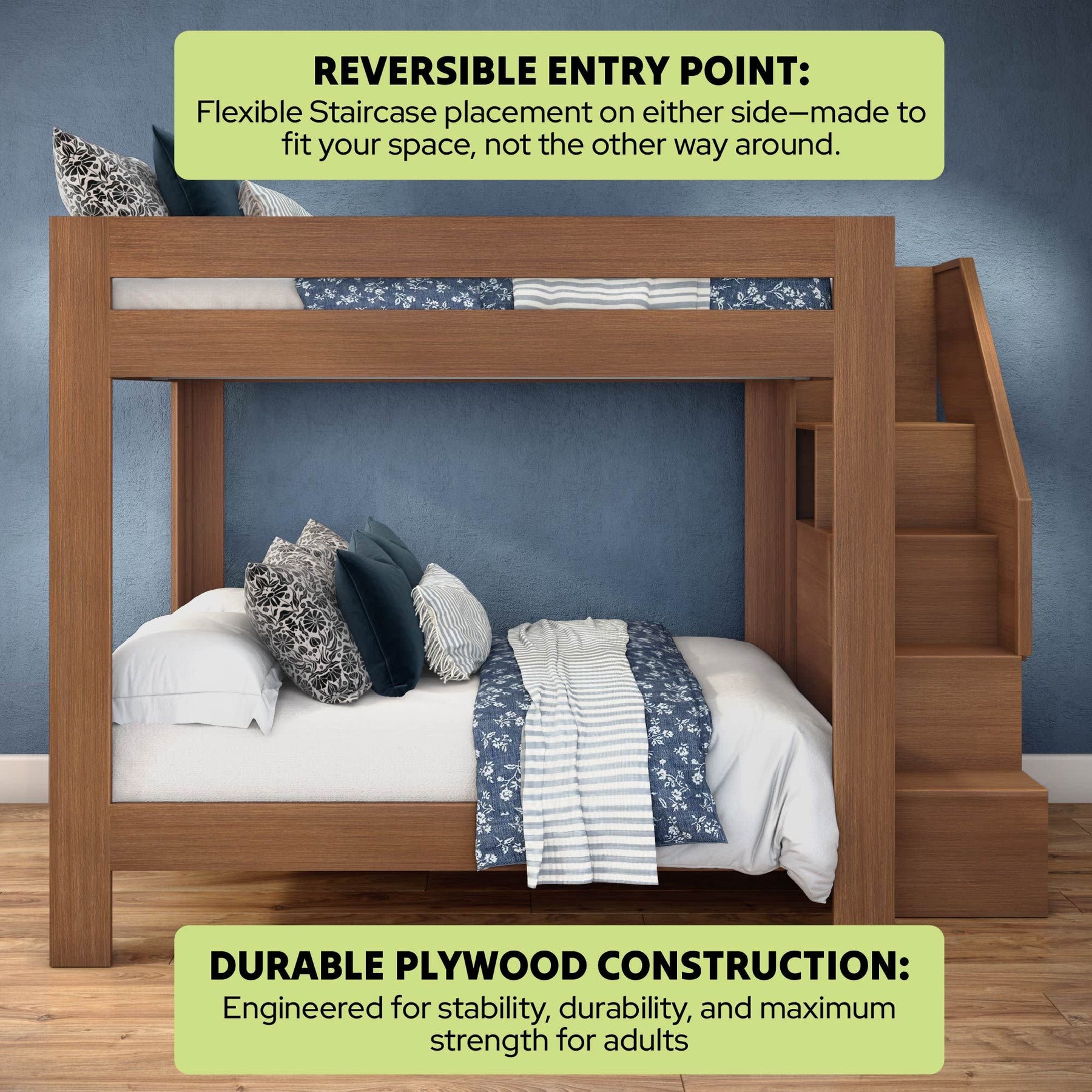 Olympic Queen Over Queen Bunk Bed with Stairs in Embossed Pecan