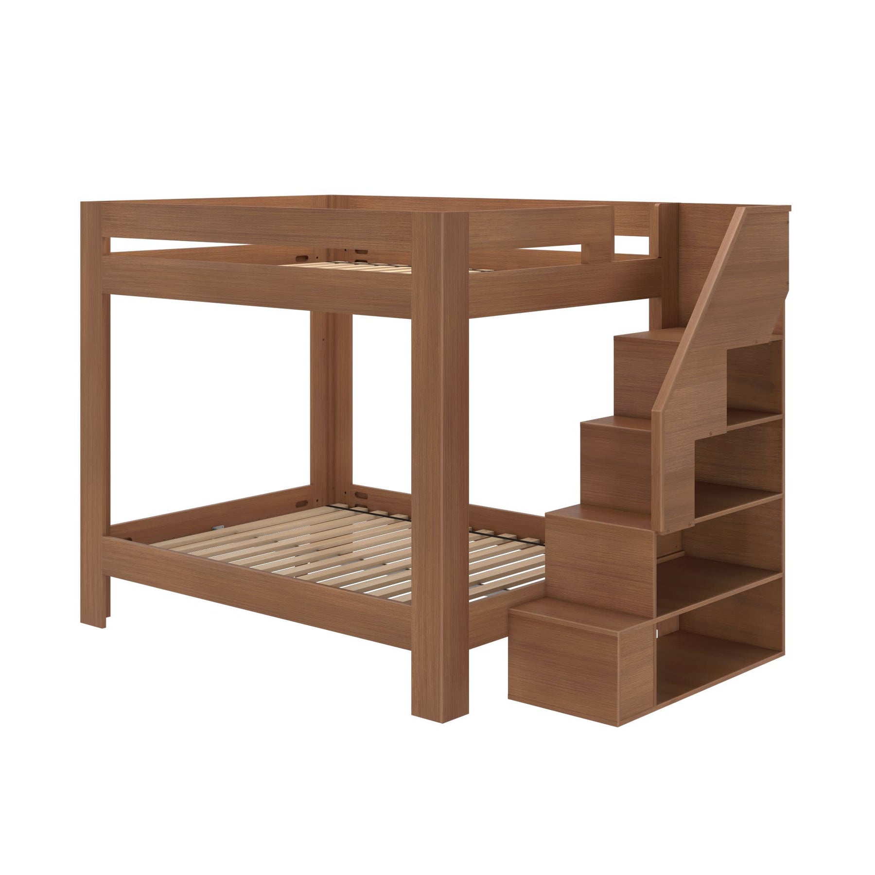 Olympic Queen Over Queen Bunk Bed with Stairs in Embossed Pecan