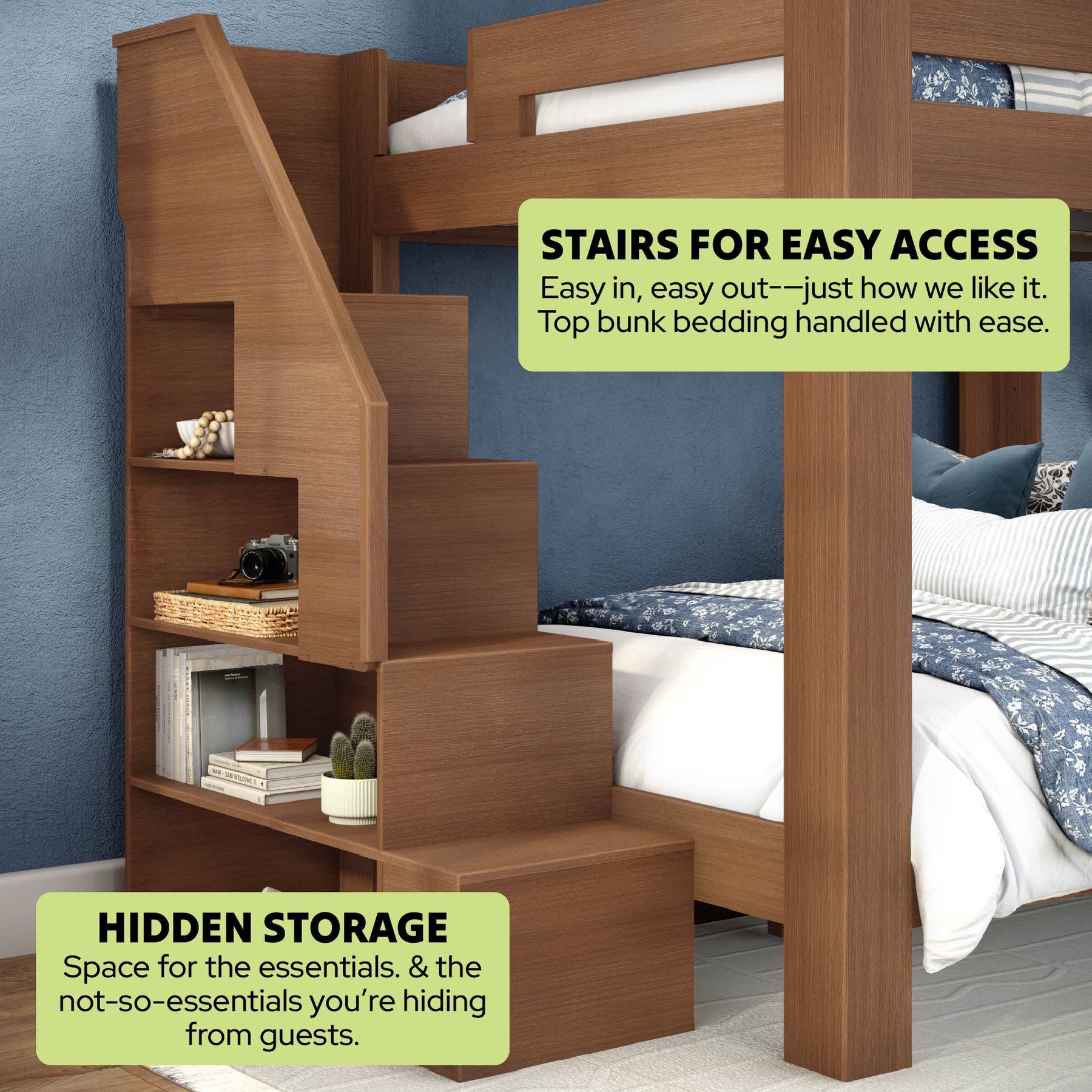 Olympic Queen Over Queen Bunk Bed with Stairs in Embossed Pecan