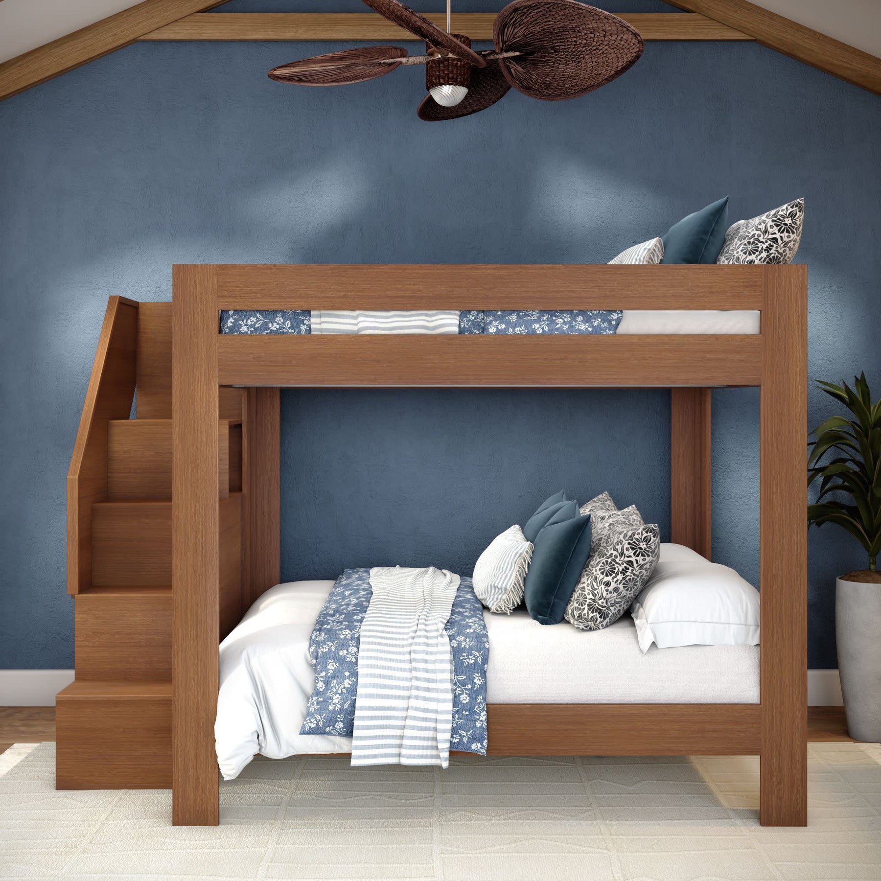 Olympic Queen Over Queen Bunk Bed with Stairs in Embossed Pecan