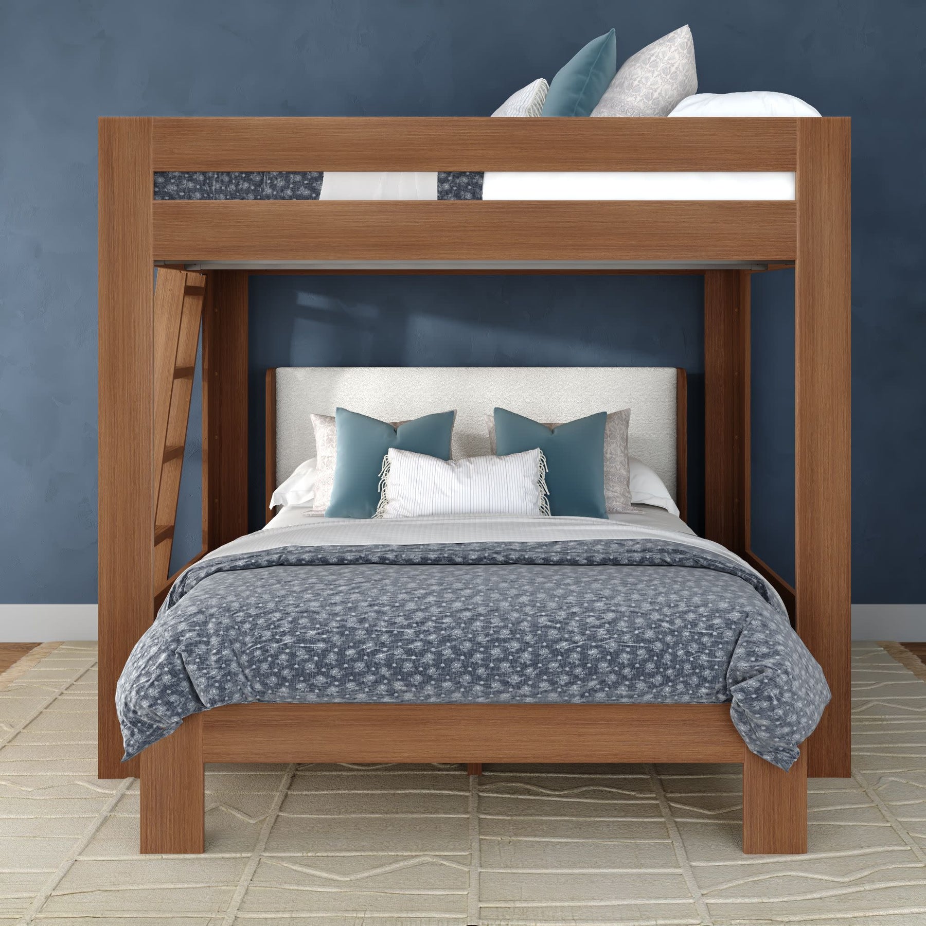 Olympic Queen Over Queen L-Shaped Bunk Bed – Embossed Pecan 2 Olympic Queen Over Queen L-Shaped Bunk Bed in Embossed Pecan