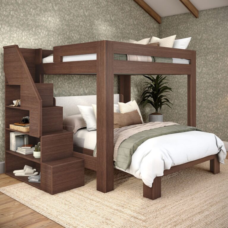 Olympic Queen Over Queen L-Shaped Bunk Bed with Stairs – Embossed Brown 10 Olympic Queen Over Queen L-Shaped Bunk Bed with Stairs in Embossed Brown