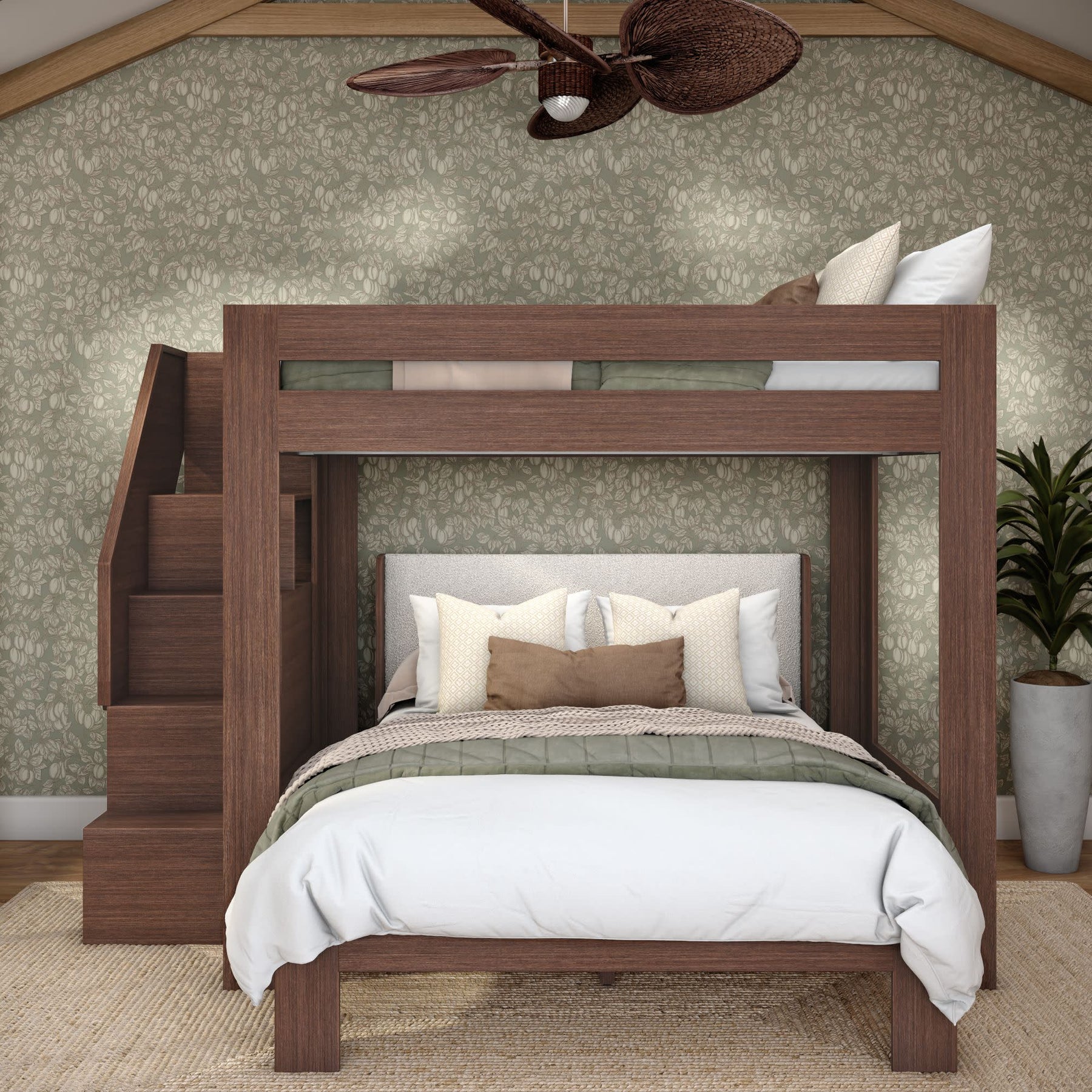 Olympic Queen Over Queen L-Shaped Bunk Bed with Stairs in Embossed Brown