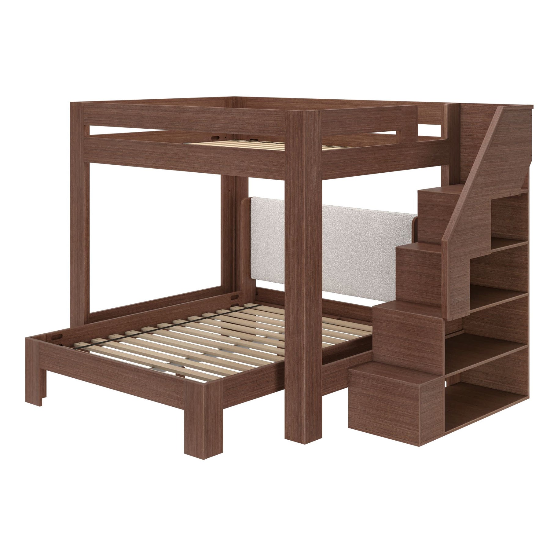 Olympic Queen Over Queen L-Shaped Bunk Bed with Stairs in Embossed Brown