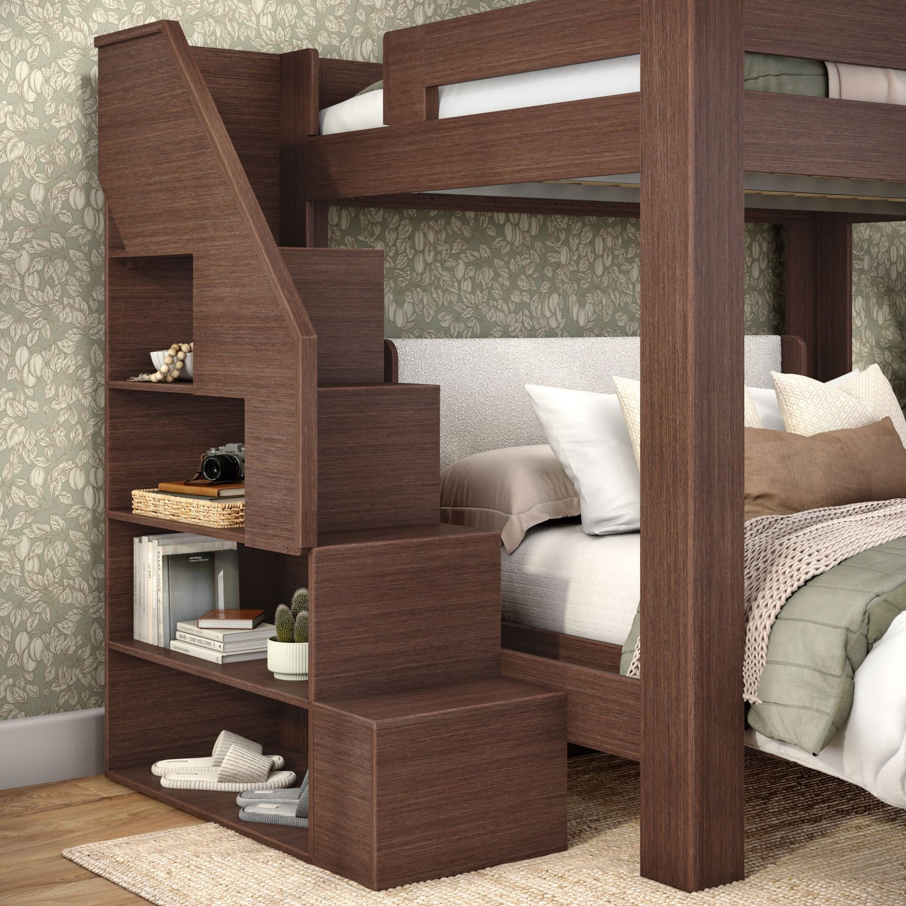 Olympic Queen Over Queen L-Shaped Bunk Bed with Stairs in Embossed Brown