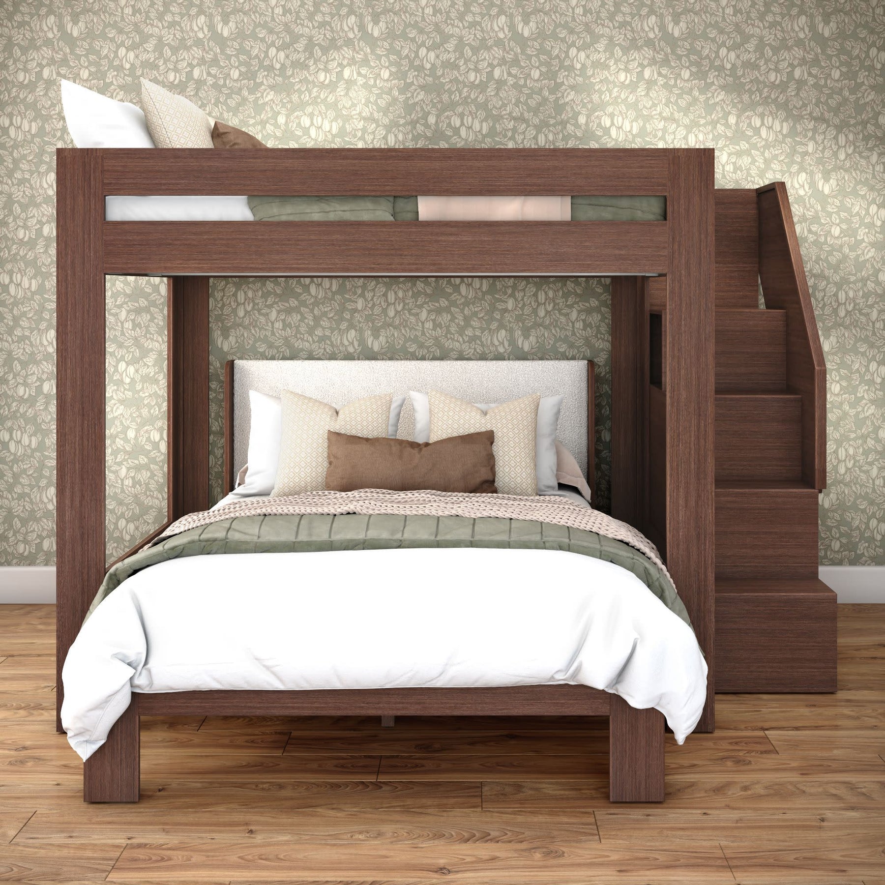 Olympic Queen Over Queen L-Shaped Bunk Bed with Stairs in Embossed Brown