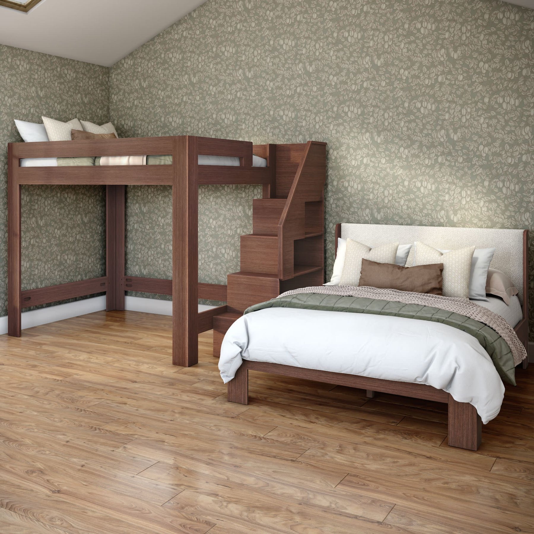 Olympic Queen Over Queen L-Shaped Bunk Bed with Stairs in Embossed Brown