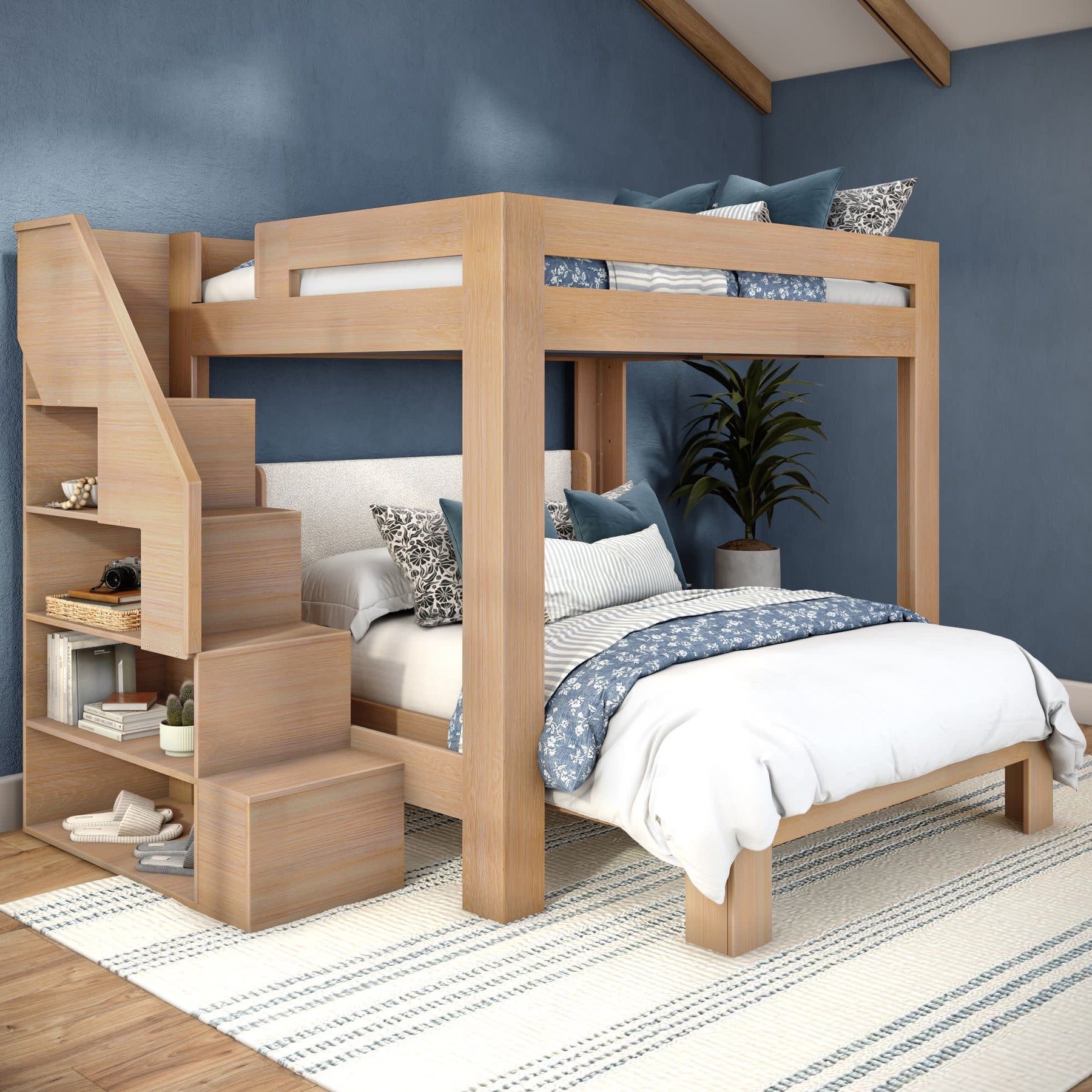 Olympic Queen Over Queen L-Shaped Bunk Bed with Stairs in Embossed Natural