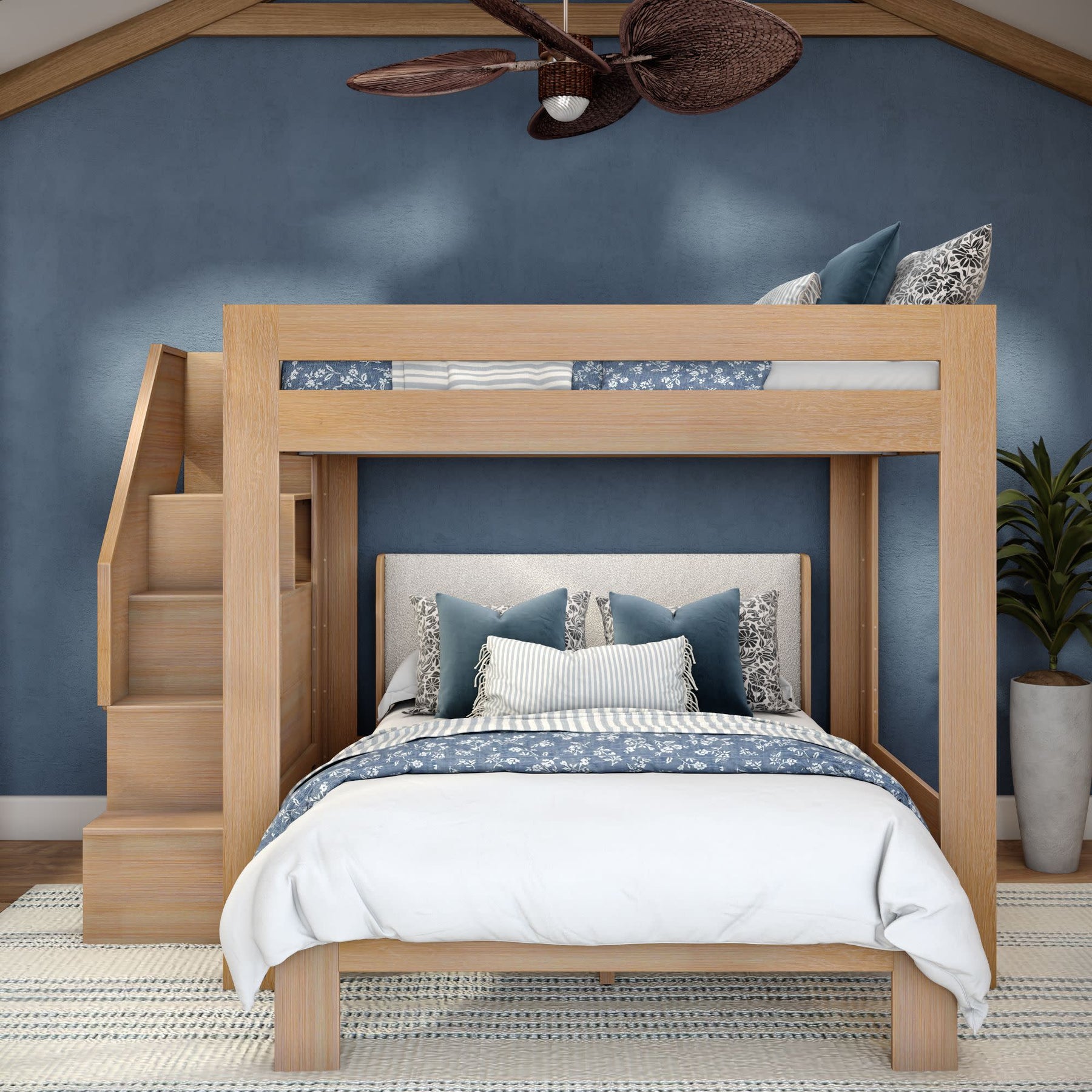 Olympic Queen Over Queen L-Shaped Bunk Bed with Stairs in Embossed Natural
