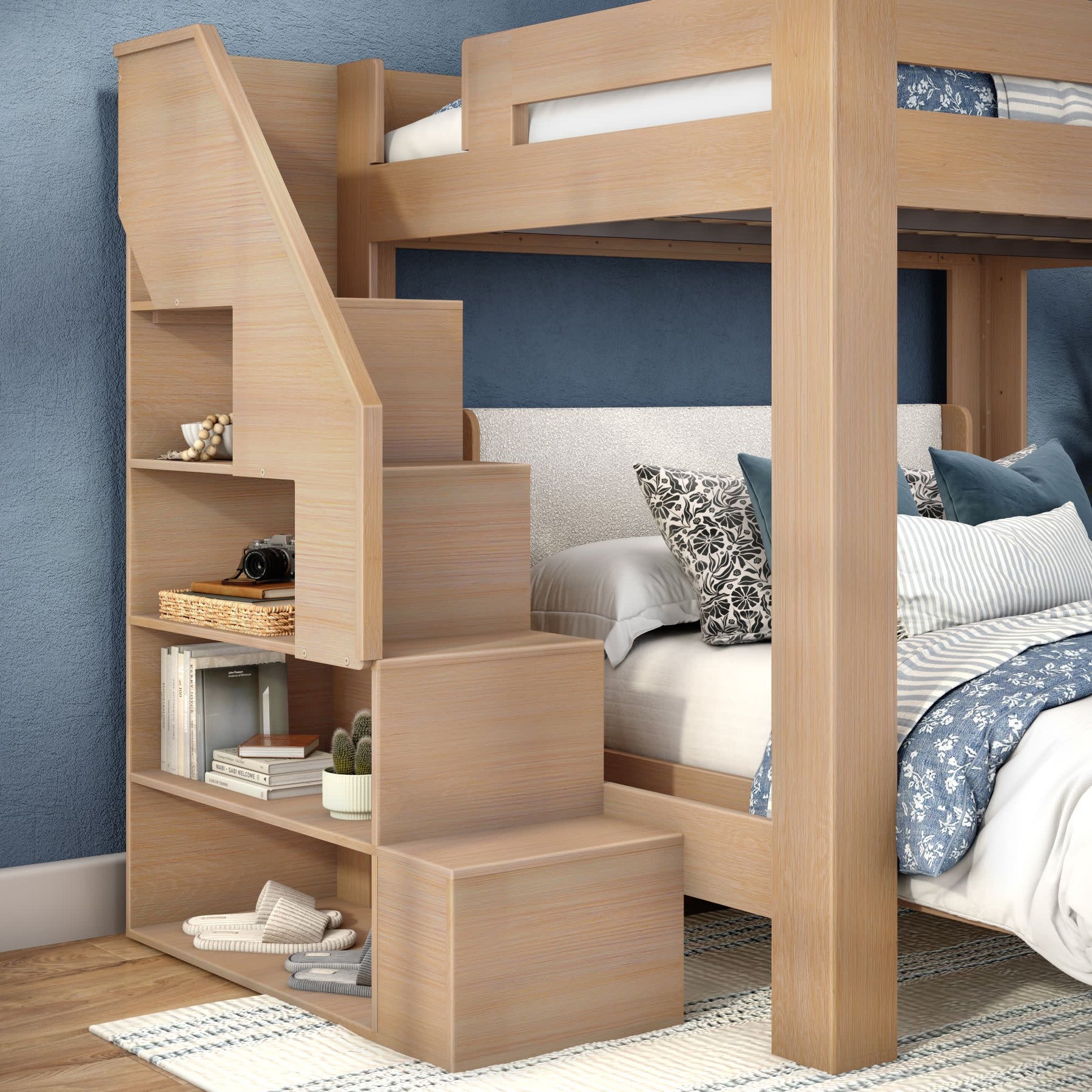 Olympic Queen Over Queen L-Shaped Bunk Bed with Stairs in Embossed Natural