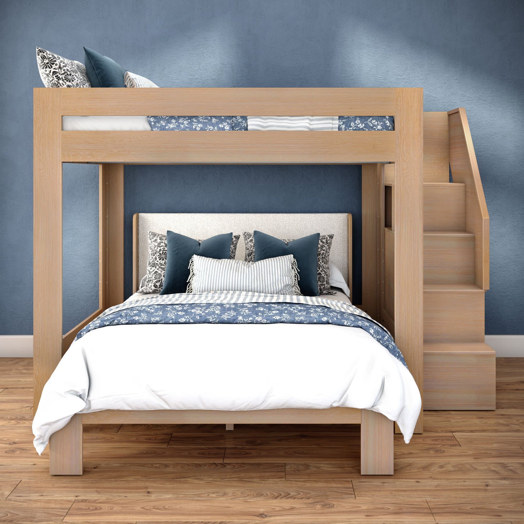 Olympic Queen Over Queen L-Shaped Bunk Bed with Stairs in Embossed Natural