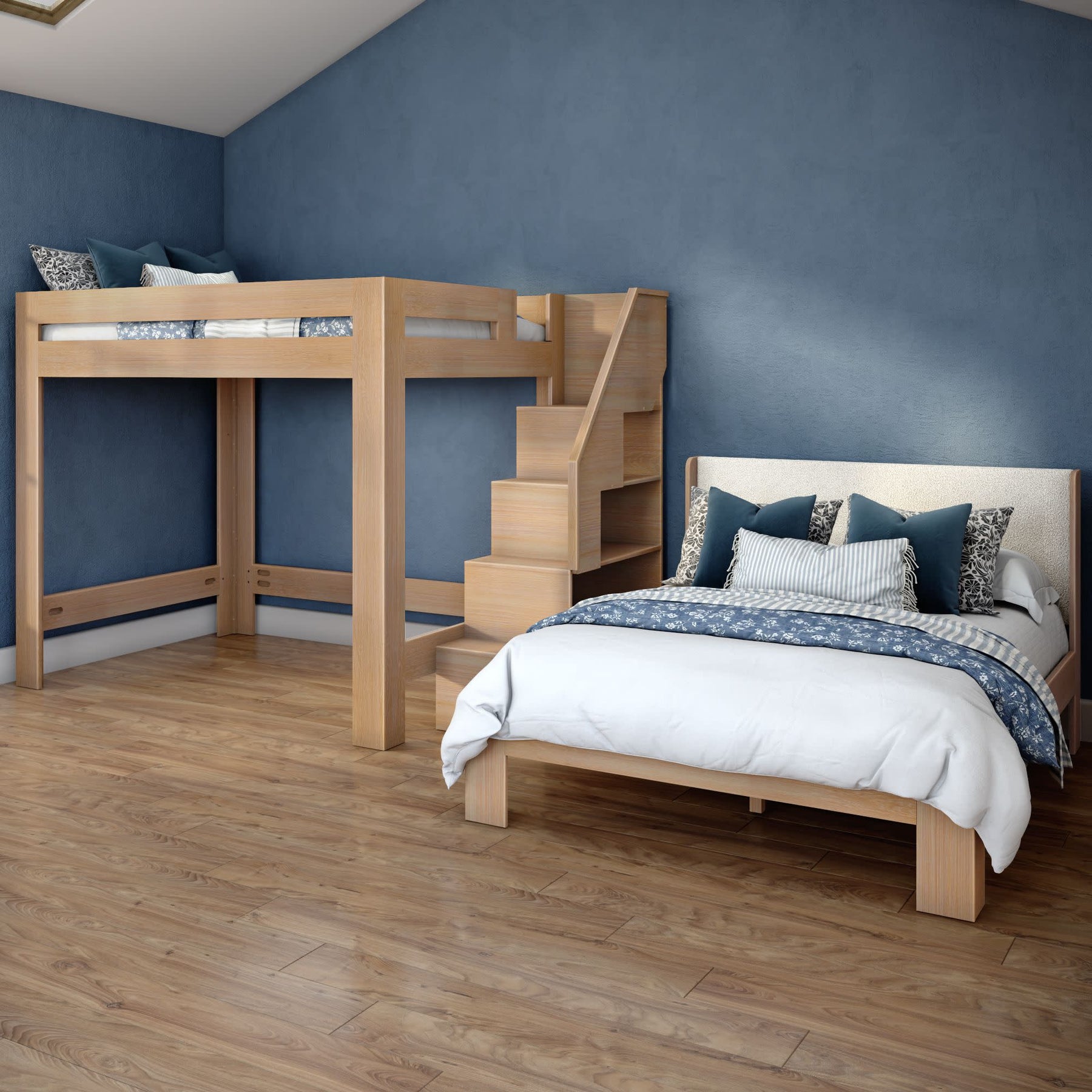 Olympic Queen Over Queen L-Shaped Bunk Bed with Stairs in Embossed Natural