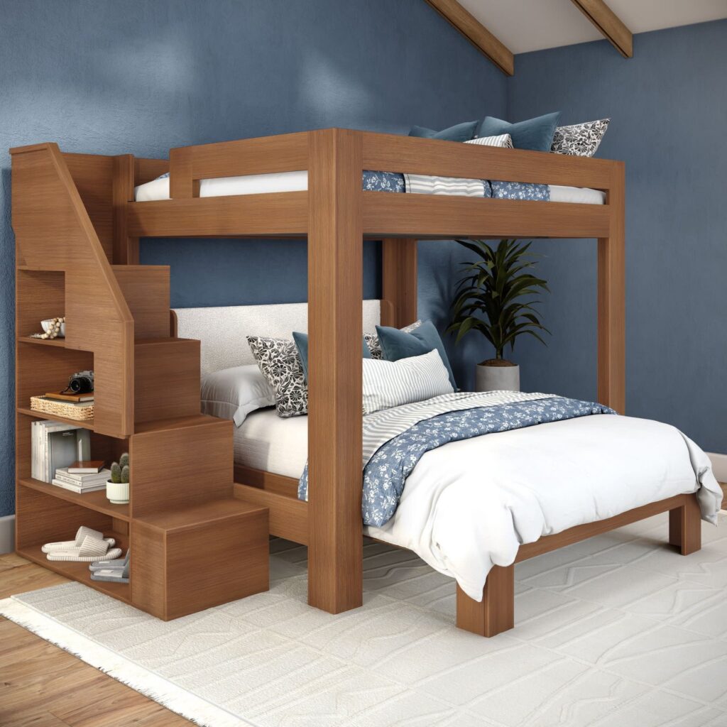 Olympic Queen Over Queen L-Shaped Bunk Bed with Stairs in Embossed Pecan
