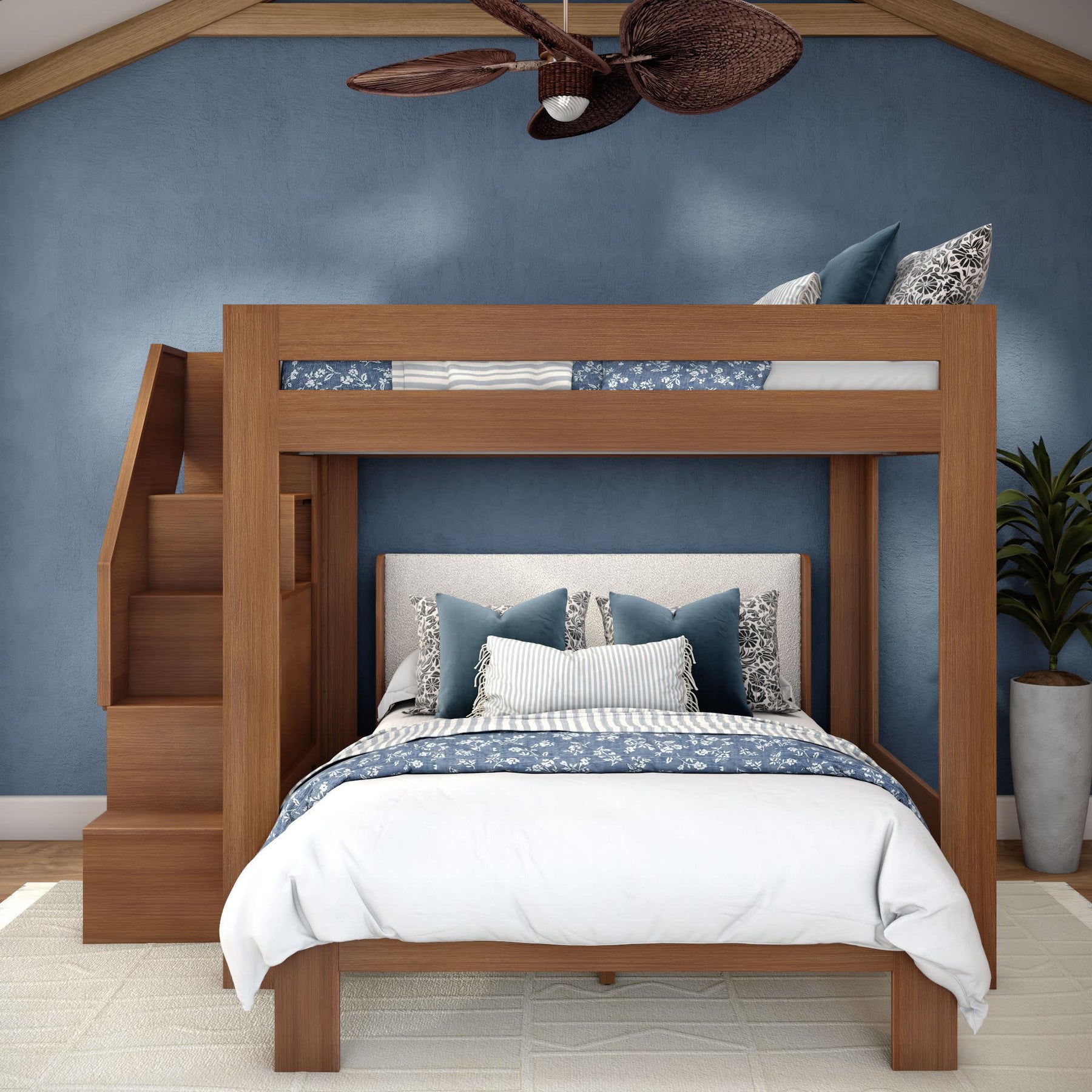 Olympic Queen Over Queen L-Shaped Bunk Bed with Stairs in Embossed Pecan