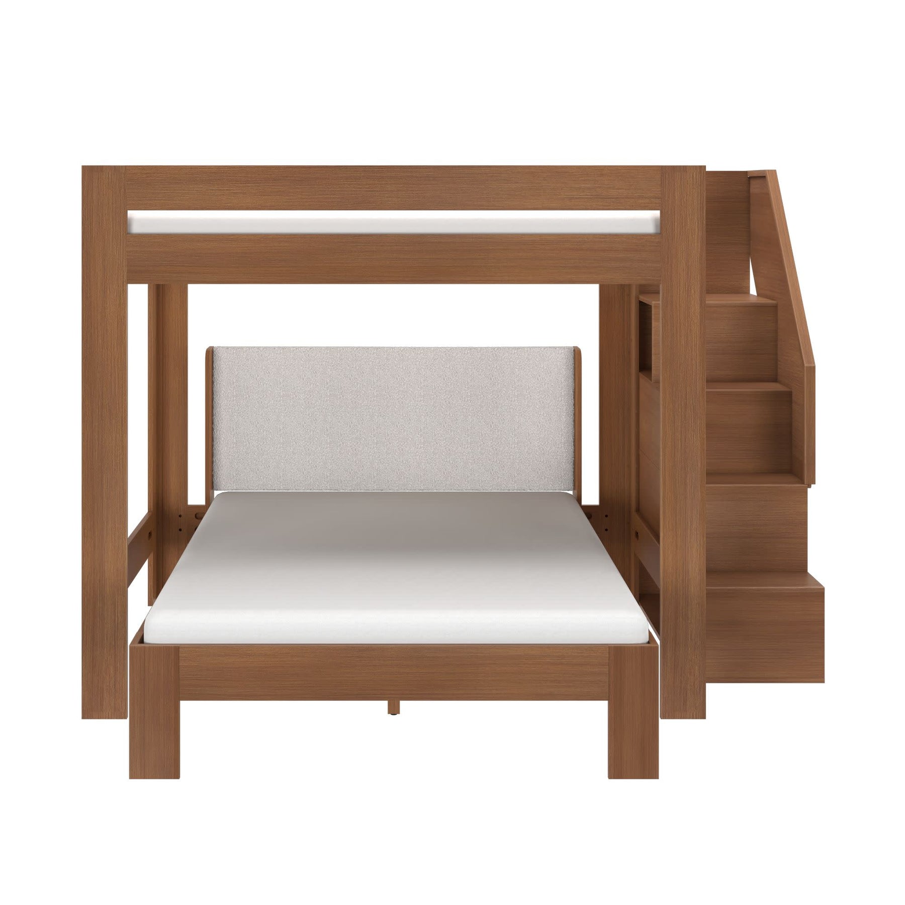 Olympic Queen Over Queen L-Shaped Bunk Bed with Stairs in Embossed Pecan