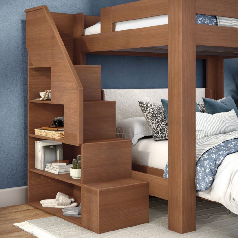 Olympic Queen Over Queen L-Shaped Bunk Bed with Stairs – Embossed Pecan 5 Olympic Queen Over Queen L-Shaped Bunk Bed with Stairs in Embossed Pecan