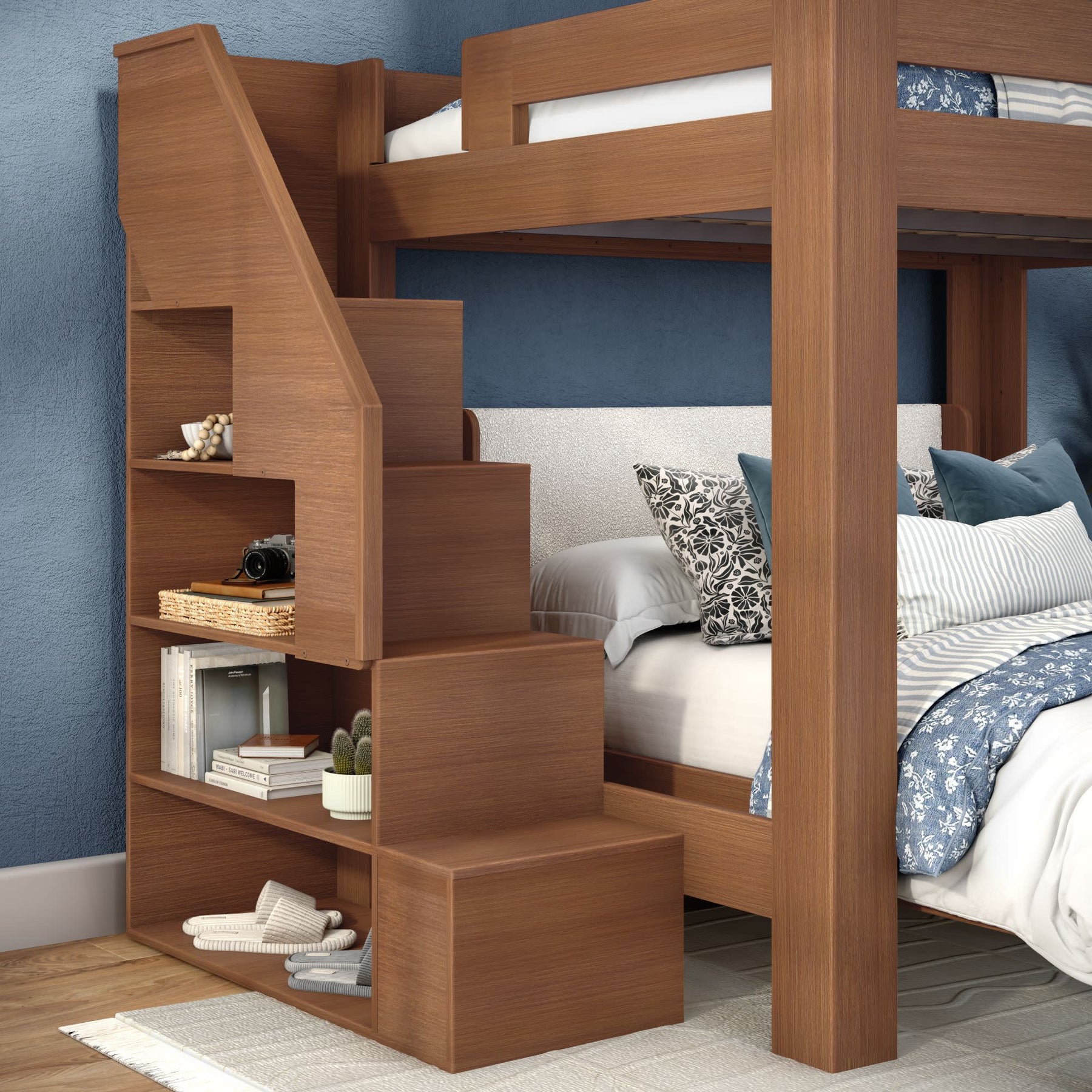Olympic Queen Over Queen L-Shaped Bunk Bed with Stairs in Embossed Pecan