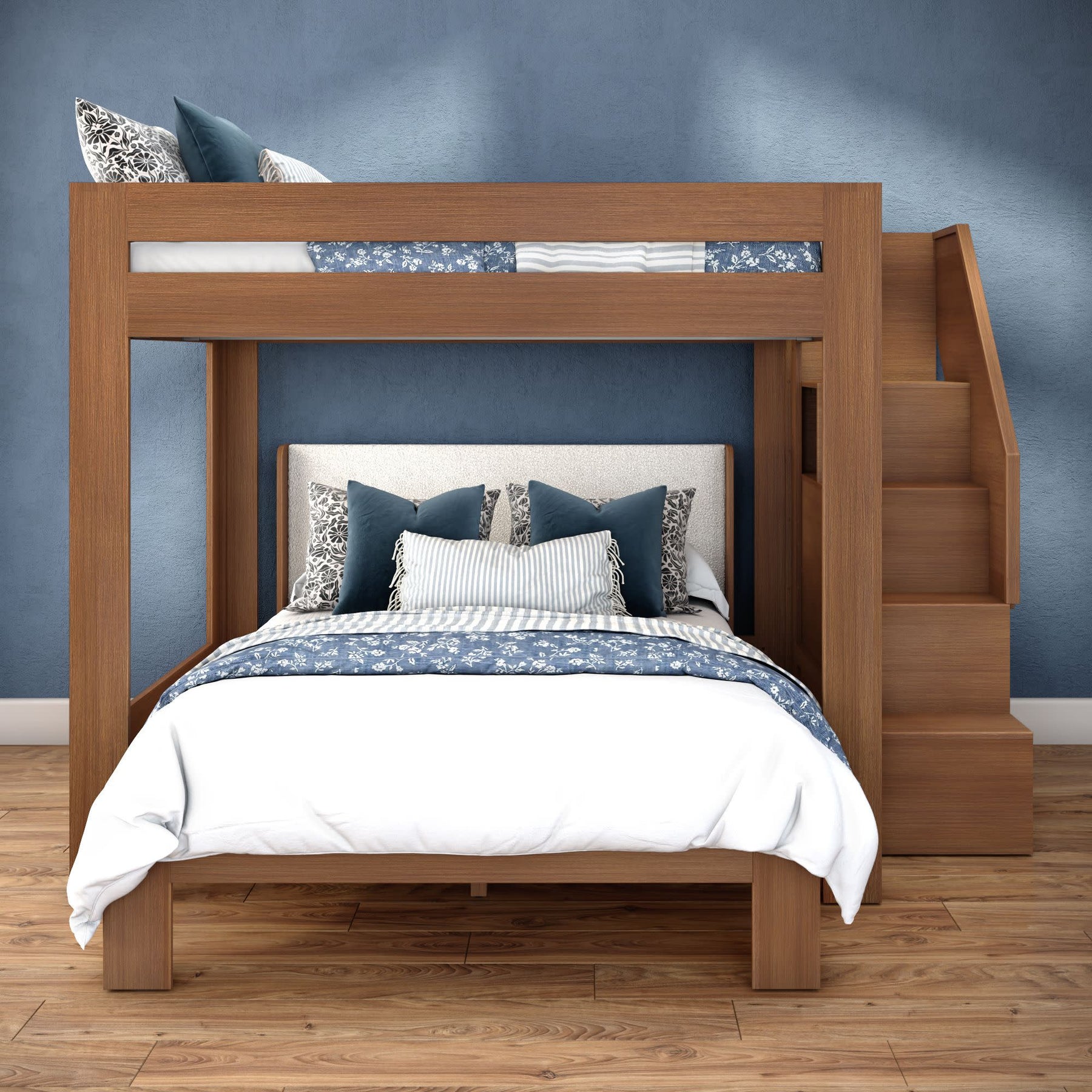 Olympic Queen Over Queen L-Shaped Bunk Bed with Stairs in Embossed Pecan