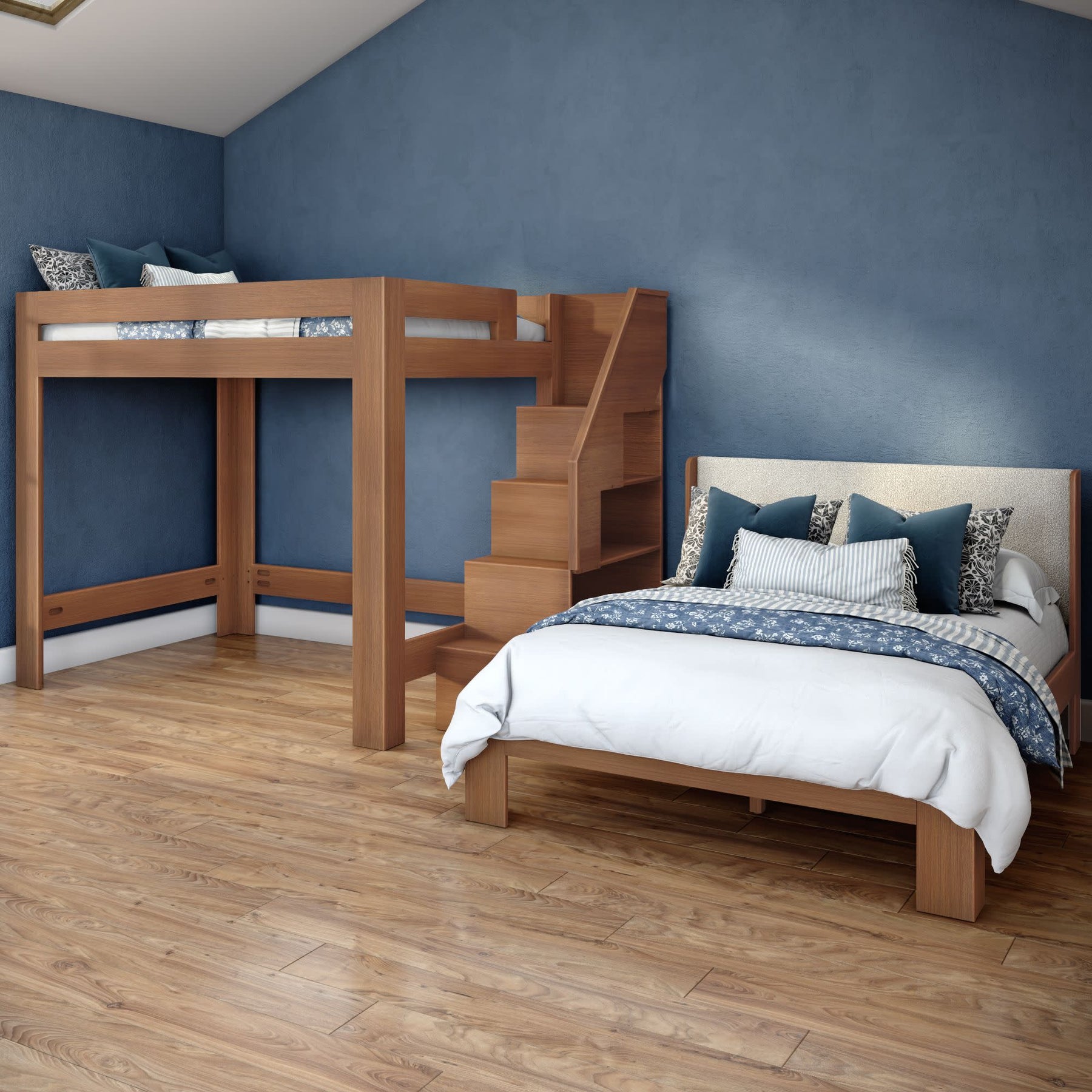 Olympic Queen Over Queen L-Shaped Bunk Bed with Stairs in Embossed Pecan