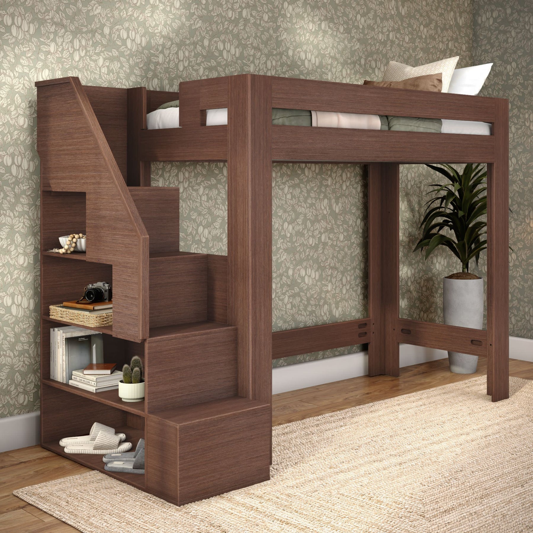 Olympic Twin XL Loft Bed with Stairs in Embossed Brown